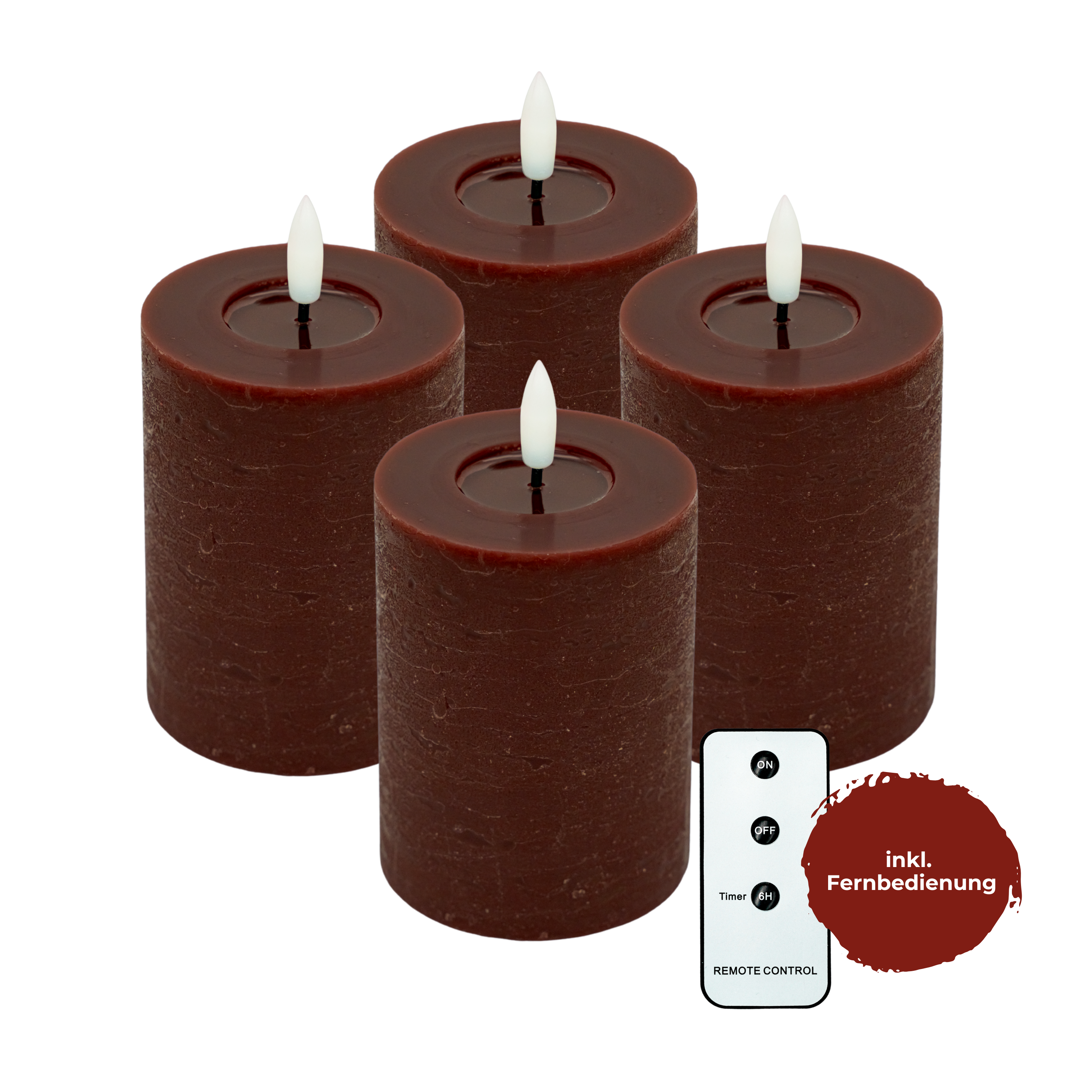LED Echtwachs Kerzen mit Fernbedienung & Timer 10cm - bordeaux rot