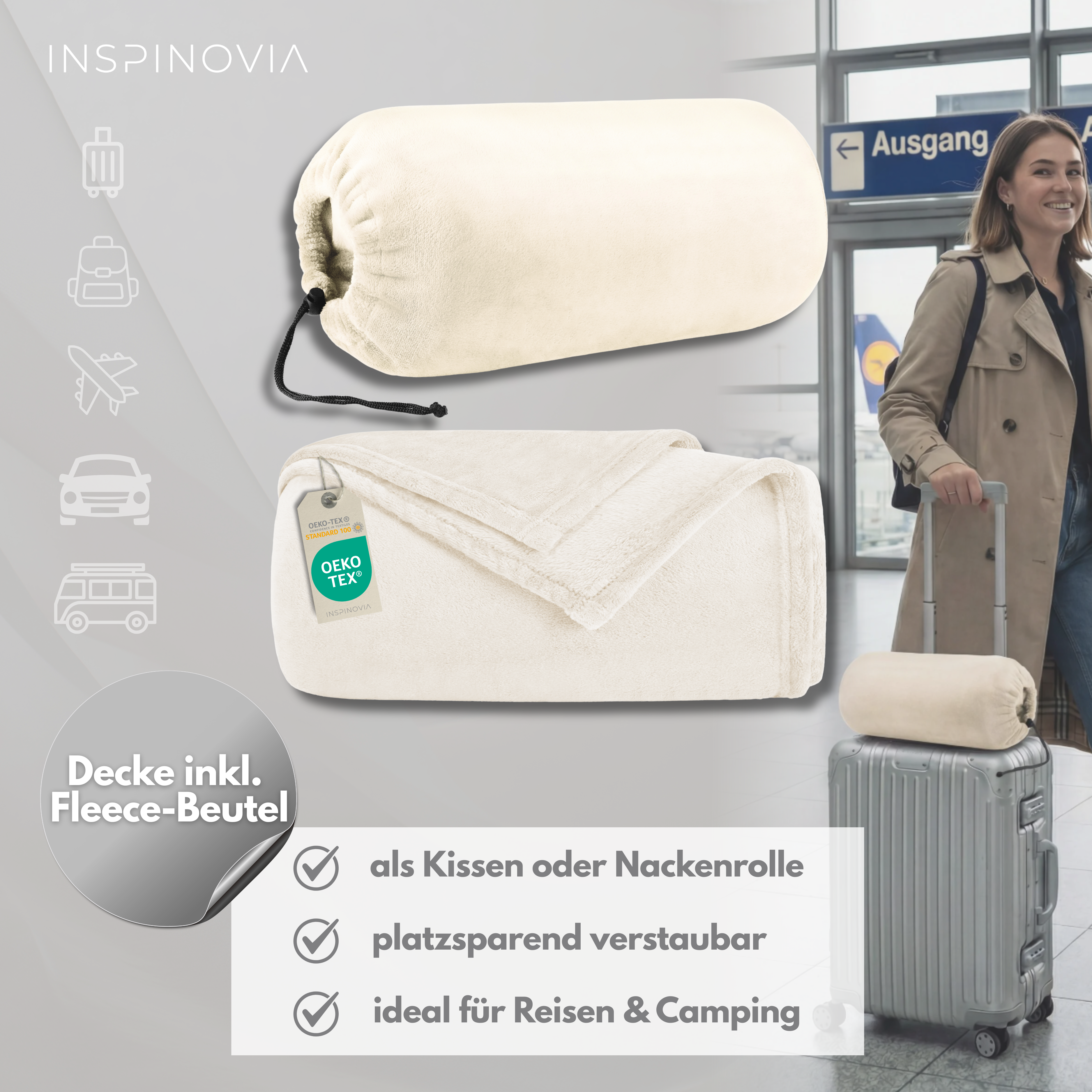 Reisedecke 150 x 200 cm mit Fleece-Beutel - Beige