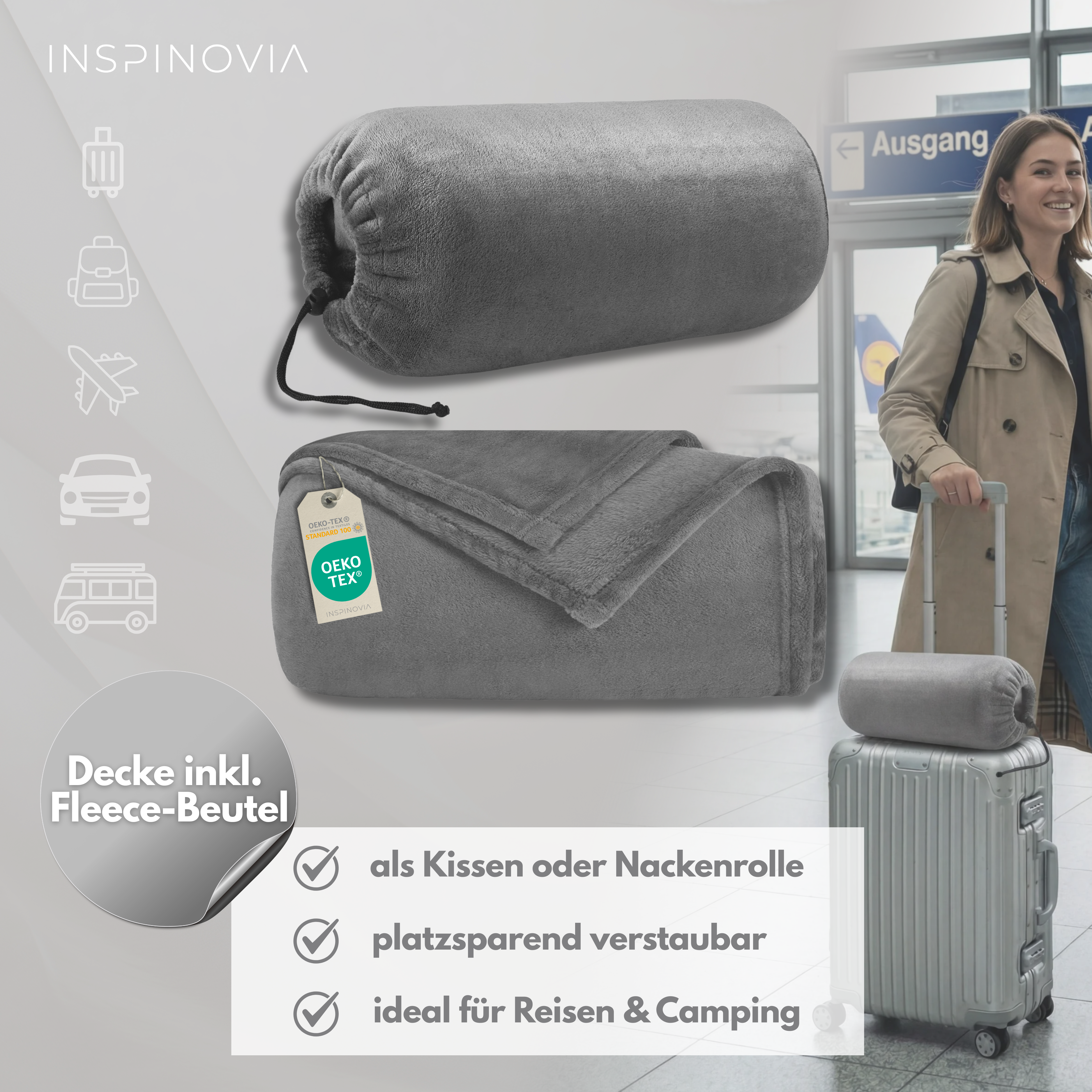 Reisedecke 150 x 200 cm mit Fleece-Beutel - Grau