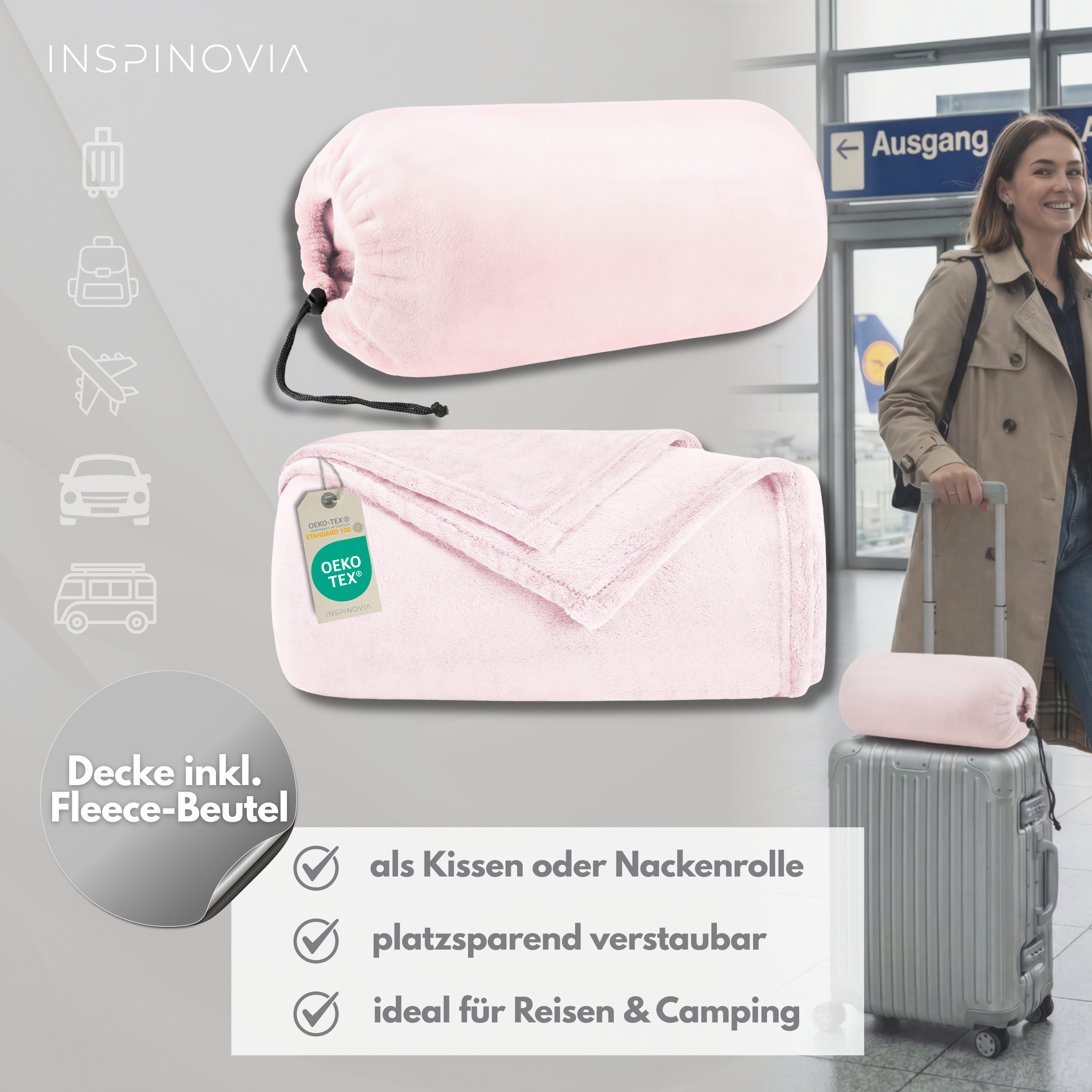 Reisedecke 150 x 200 cm mit Fleece-Beutel - Hellrosa
