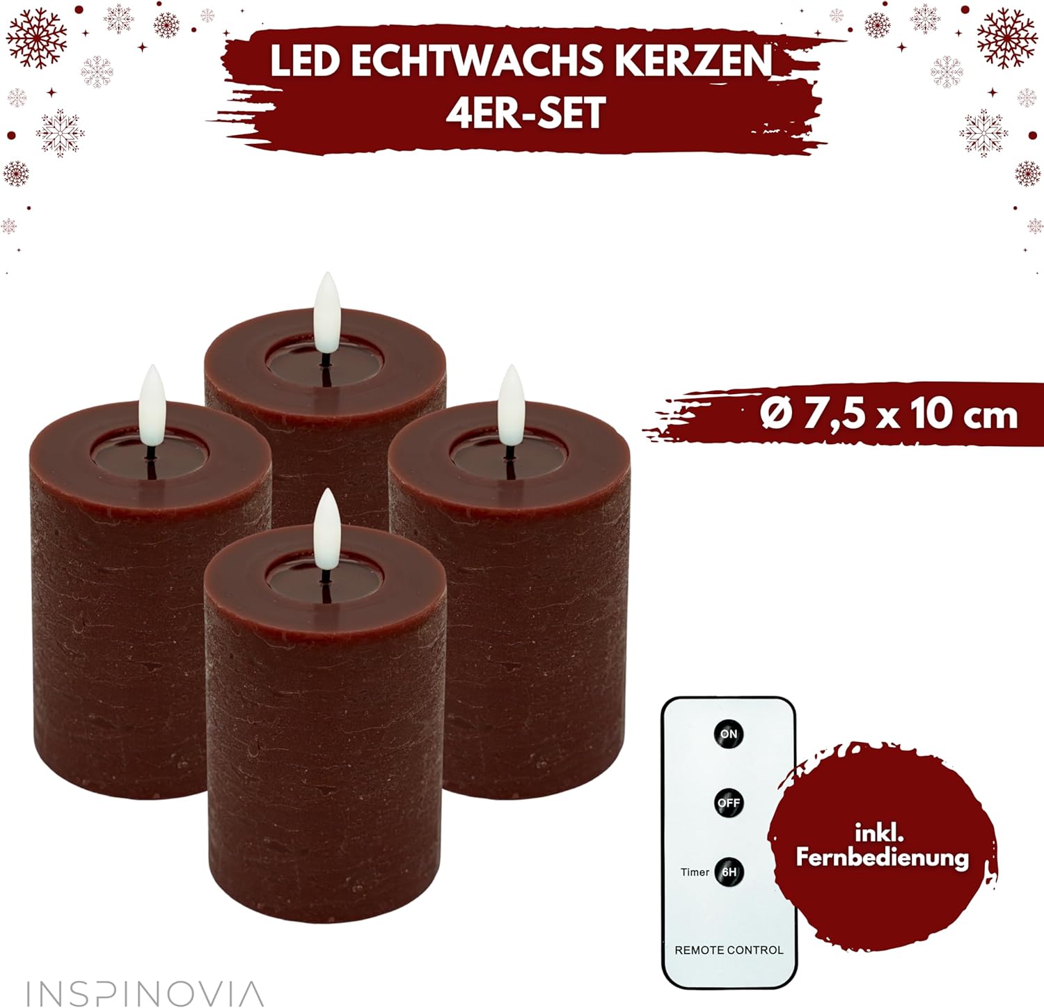 LED Echtwachs Kerzen mit Fernbedienung & Timer 10cm - bordeaux rot - Inspinovia