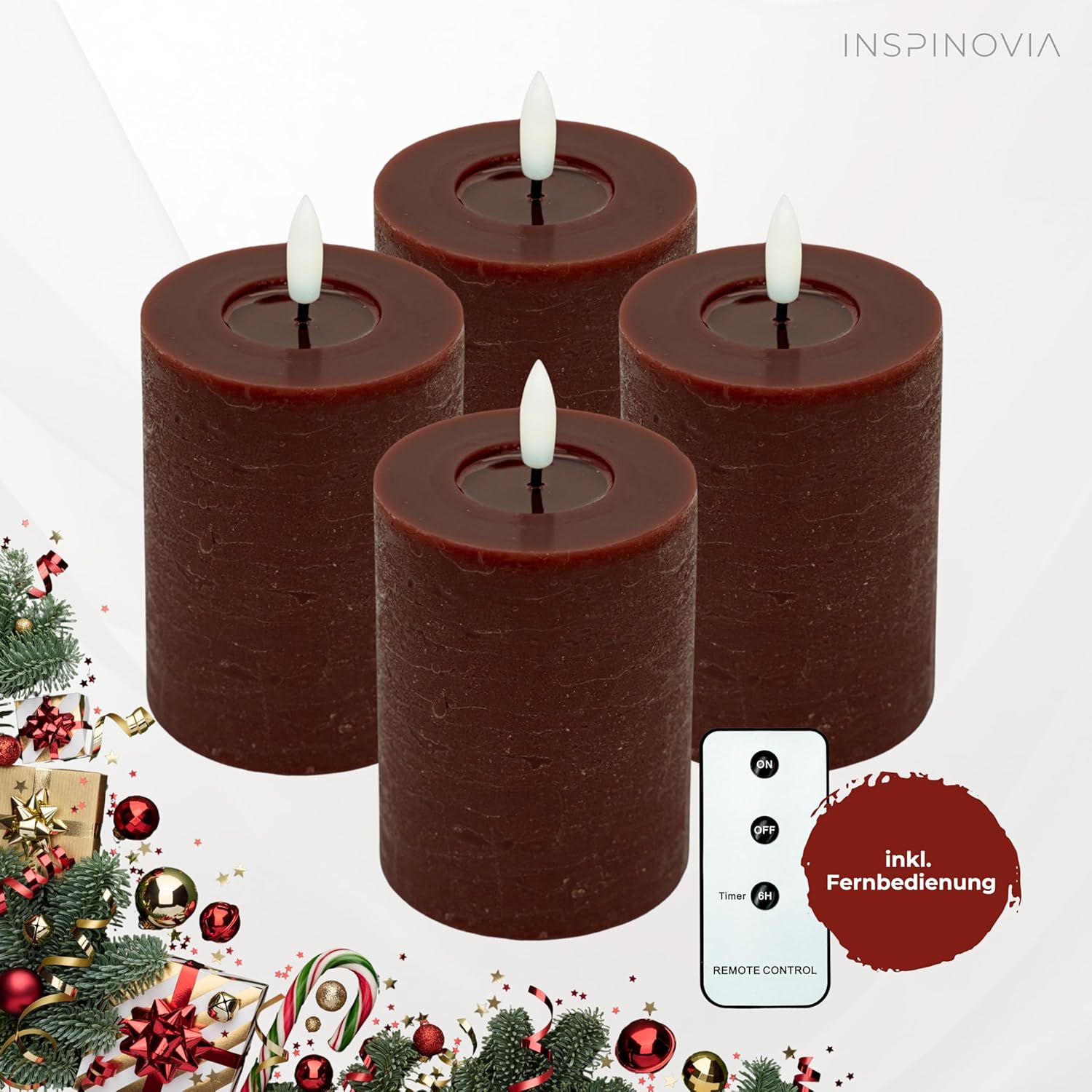 LED Echtwachs Kerzen mit Fernbedienung & Timer 10cm - bordeaux rot - Inspinovia