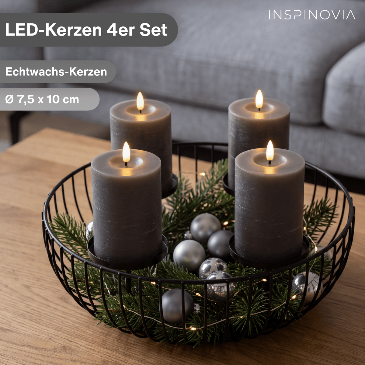 LED Echtwachs Kerzen mit Fernbedienung & Timer 10cm - grau - Inspinovia
