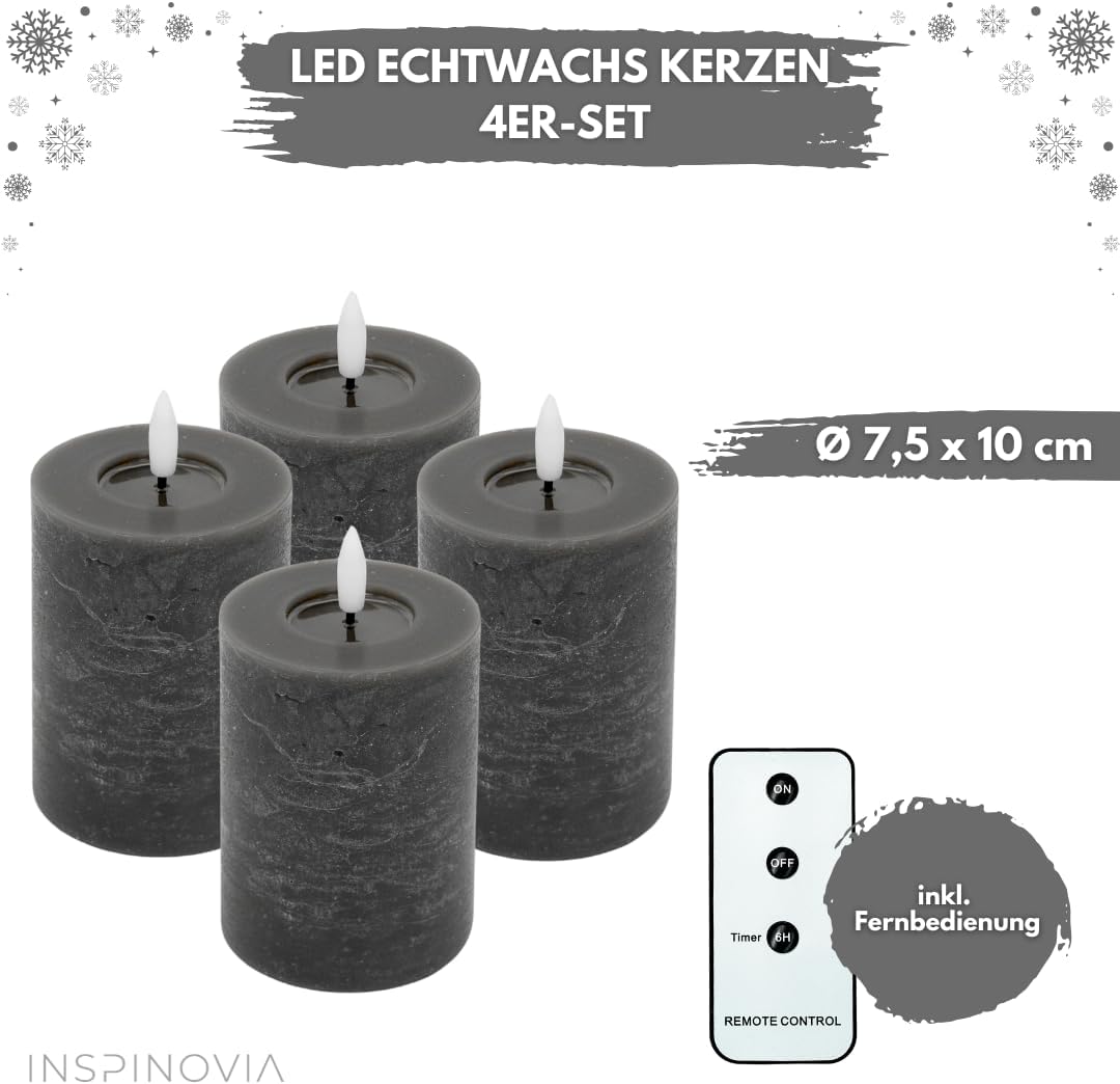 LED Echtwachs Kerzen mit Fernbedienung & Timer 10cm - grau - Inspinovia