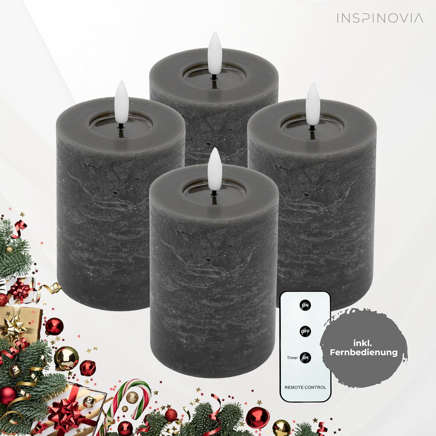LED Echtwachs Kerzen mit Fernbedienung & Timer 10cm - grau - Inspinovia