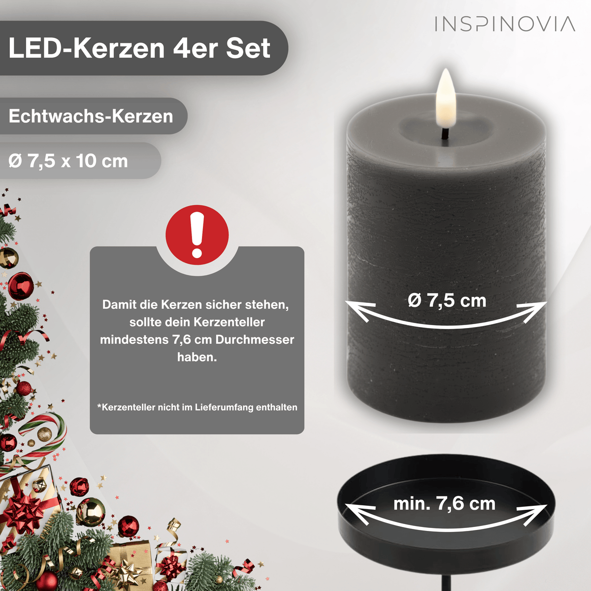 LED Echtwachs Kerzen mit Fernbedienung & Timer 10cm - grau - Inspinovia