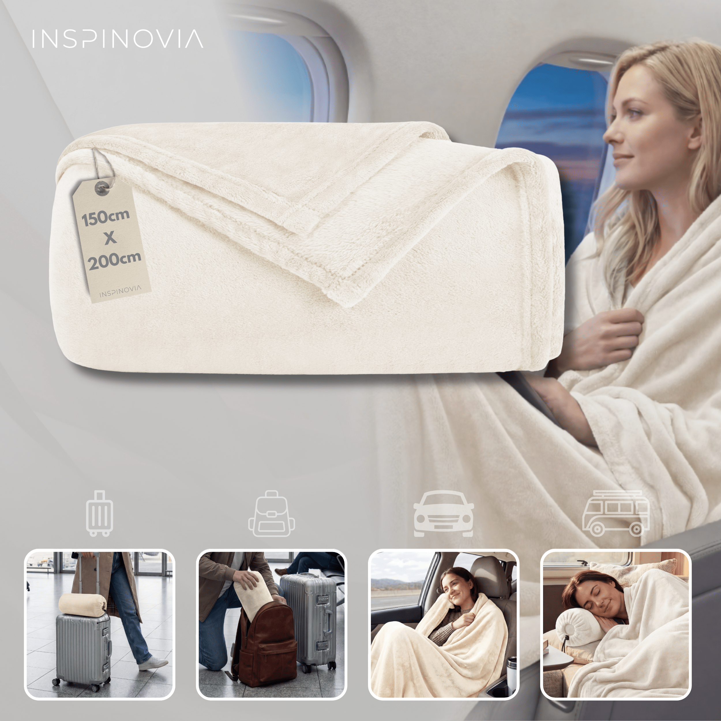 Reisedecke 150 x 200 cm mit Fleece - Beutel - Beige - Inspinovia