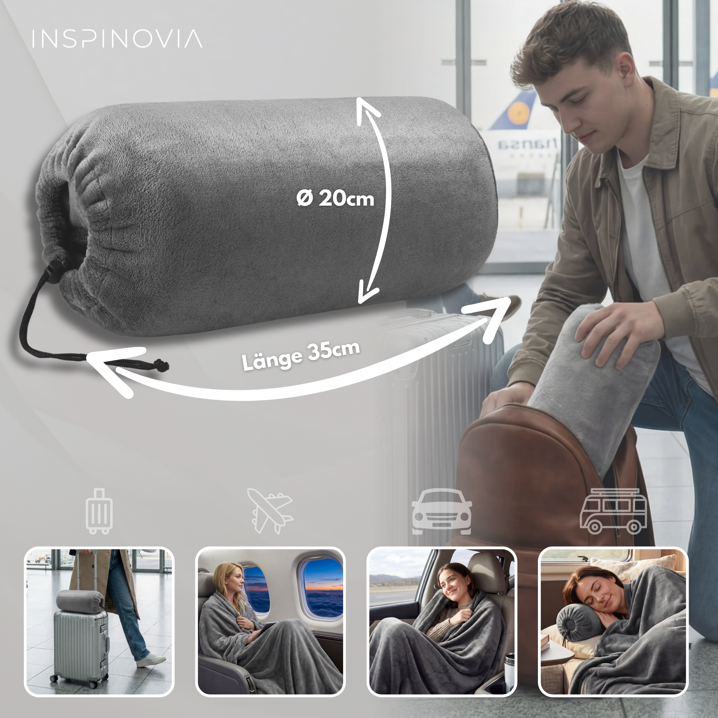 Reisedecke 150 x 200 cm mit Fleece-Beutel - Grau