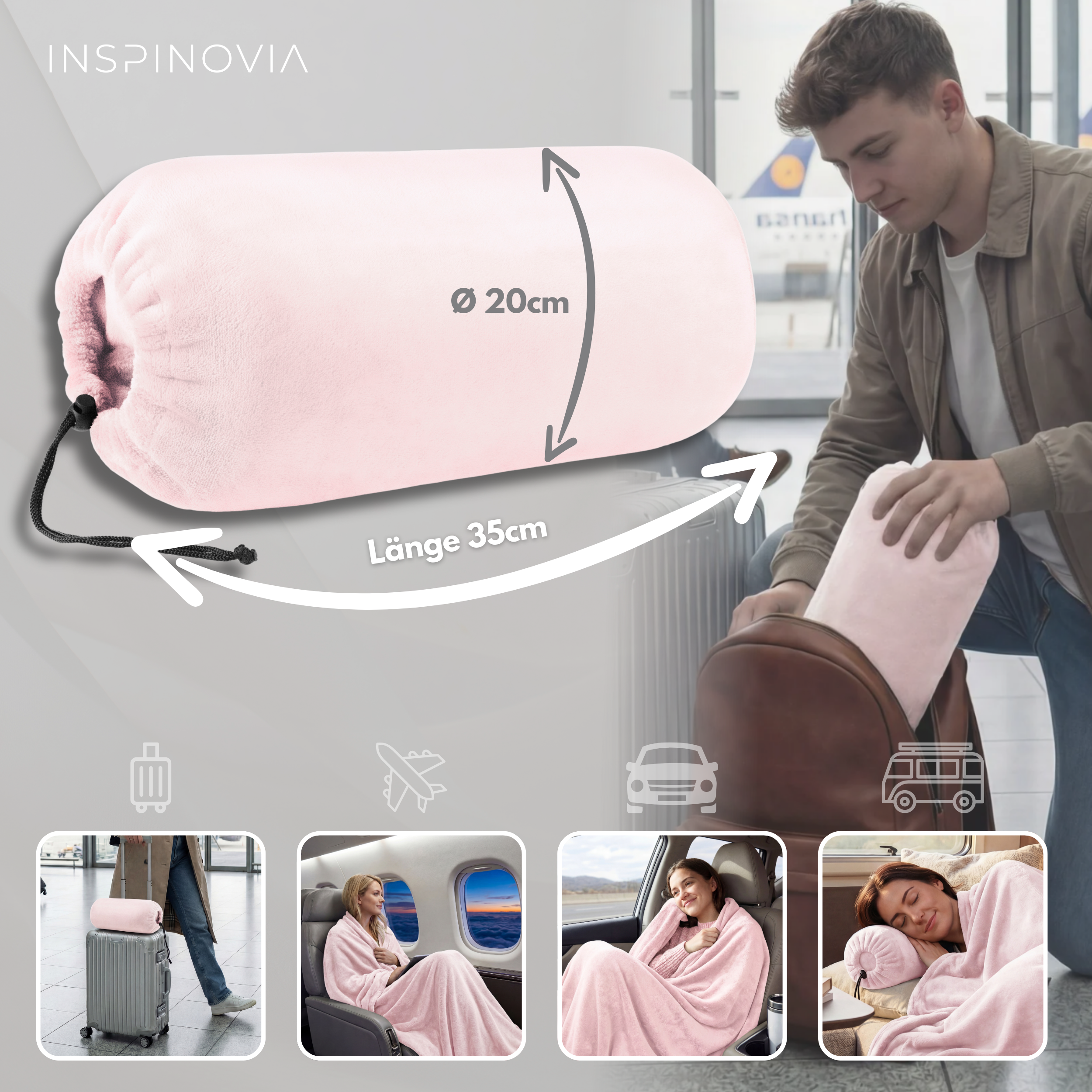 Reisedecke 150 x 200 cm mit Fleece-Beutel - Hellrosa