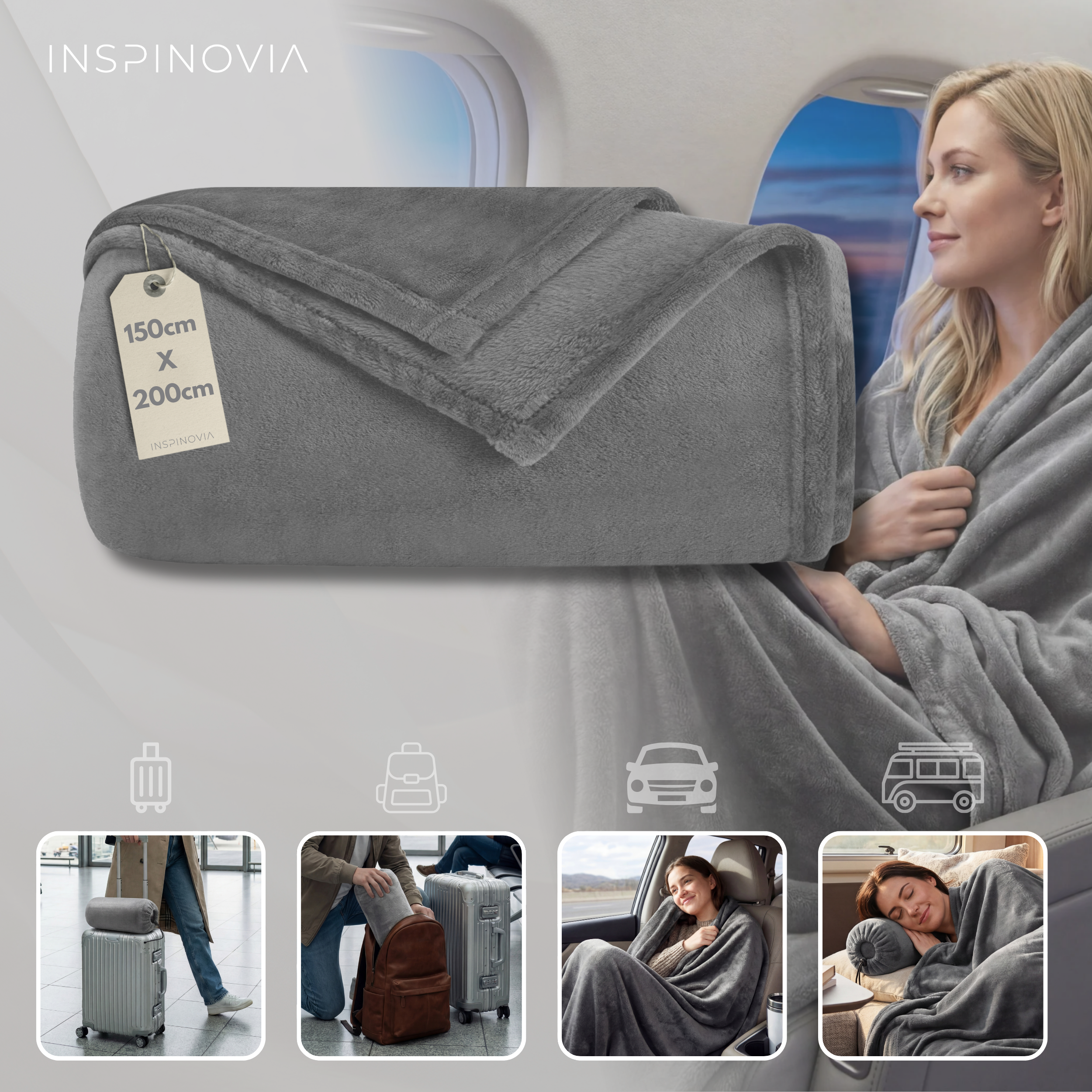 Reisedecke 150 x 200 cm mit Fleece-Beutel - Grau