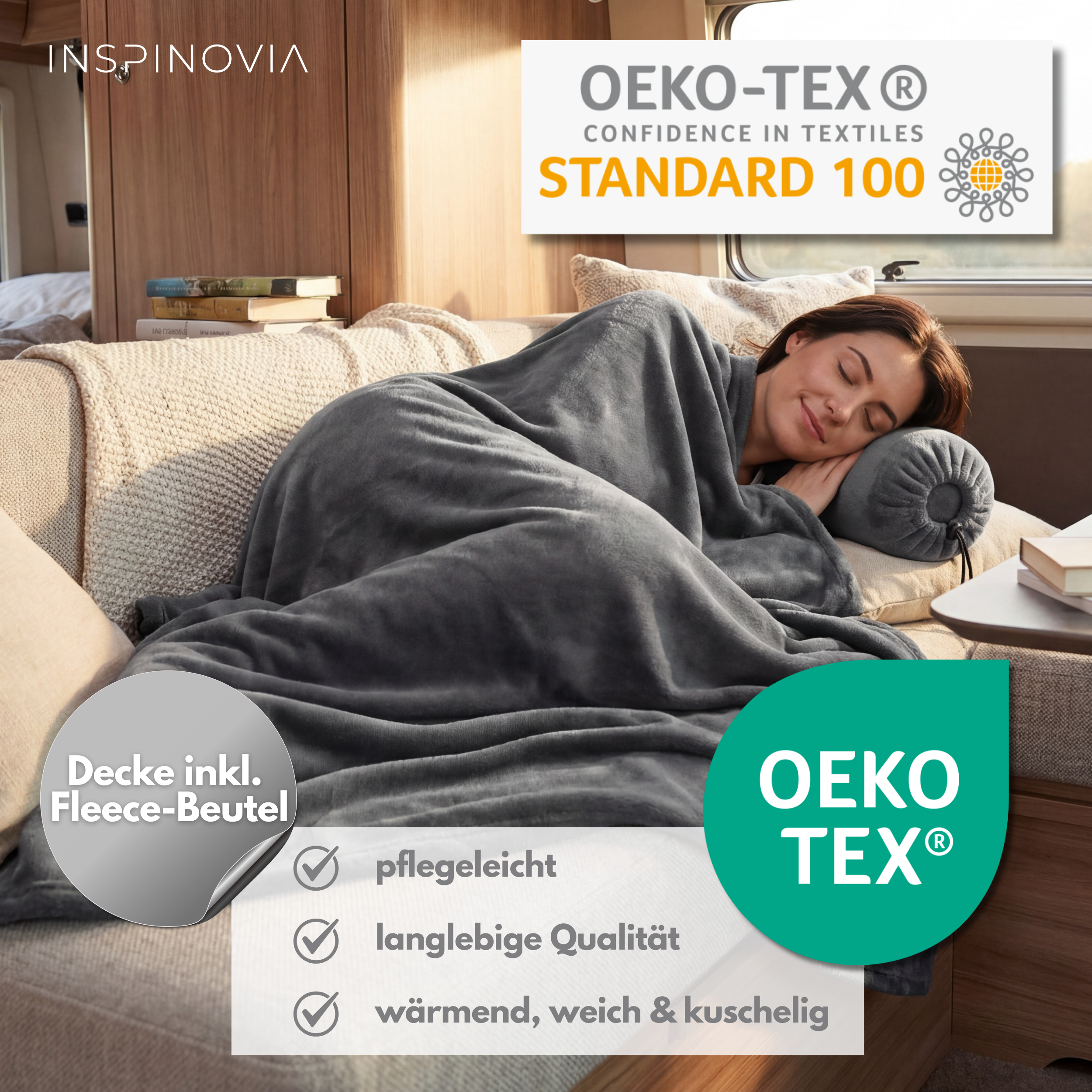 Reisedecke 150 x 200 cm mit Fleece-Beutel - Grau