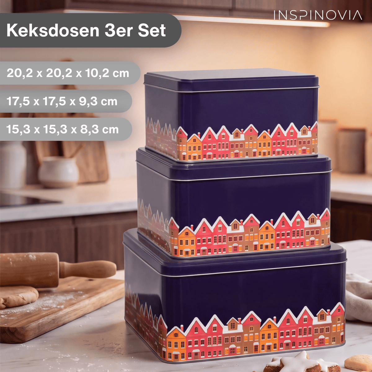 Keksdosen 3er Set - buntes Winterdorf - Inspinovia