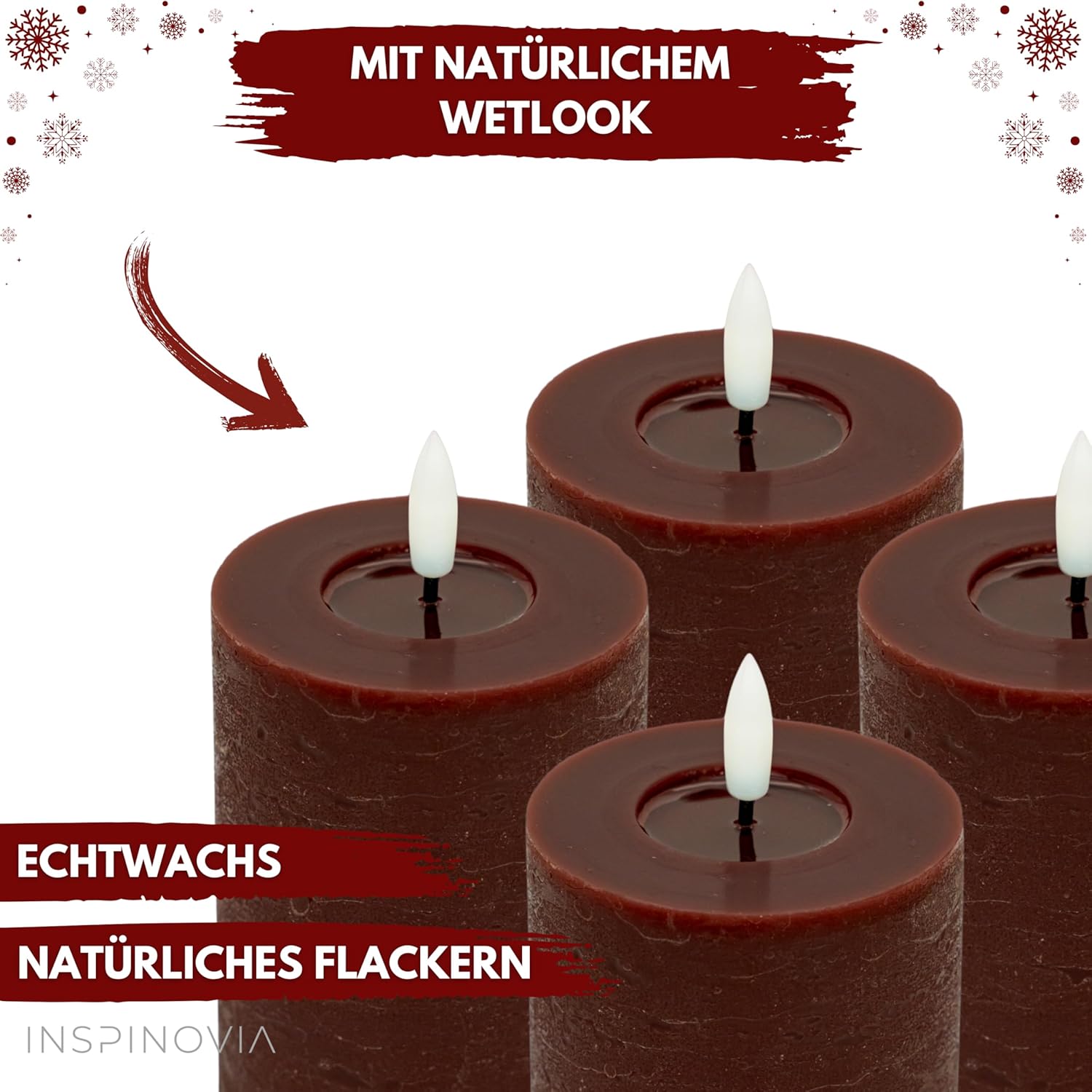 LED Echtwachs Kerzen mit Fernbedienung & Timer 10cm - bordeaux rot - Inspinovia
