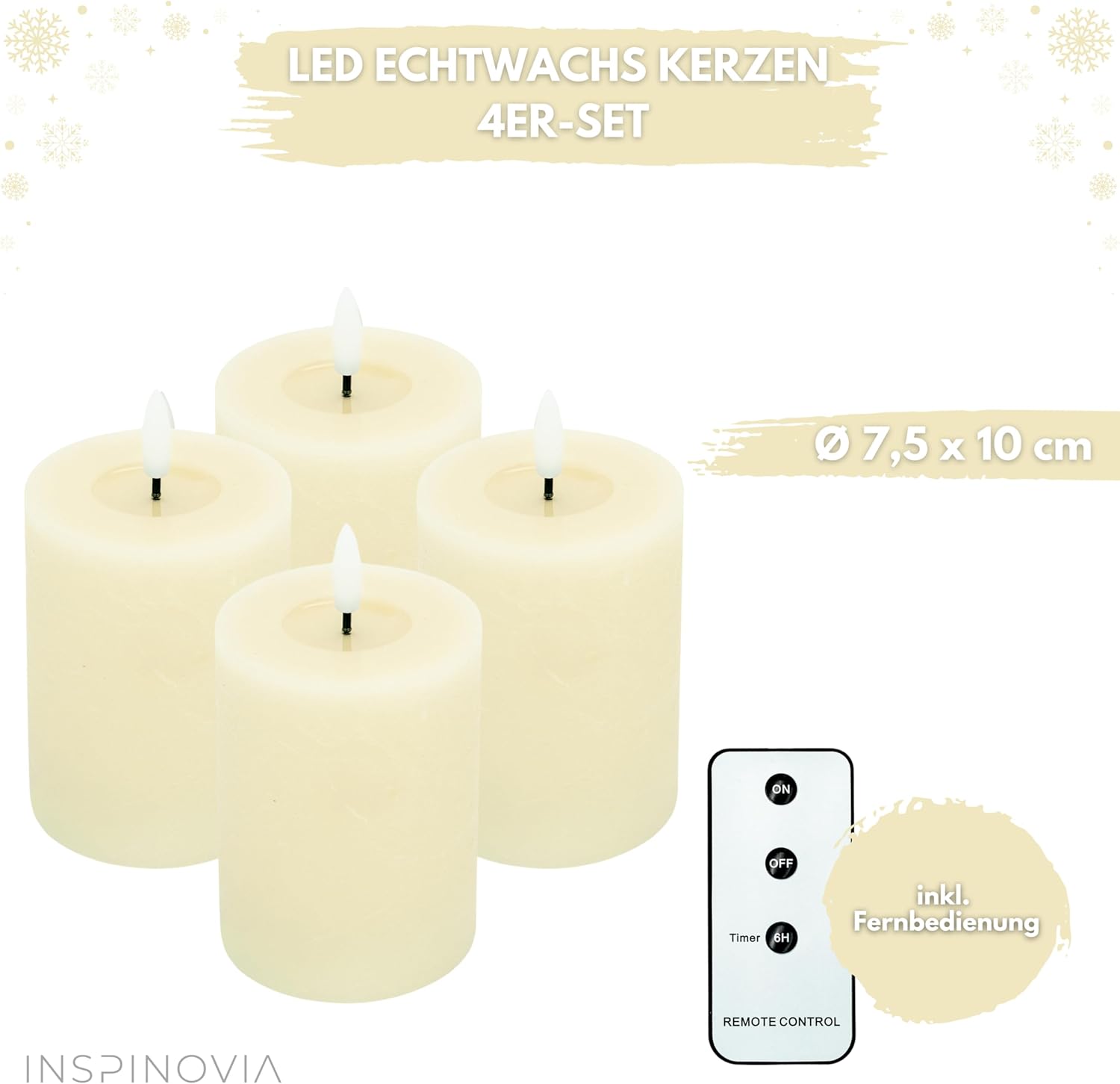 LED Echtwachs Kerzen mit Fernbedienung & Timer 10cm - creme weiß - Inspinovia