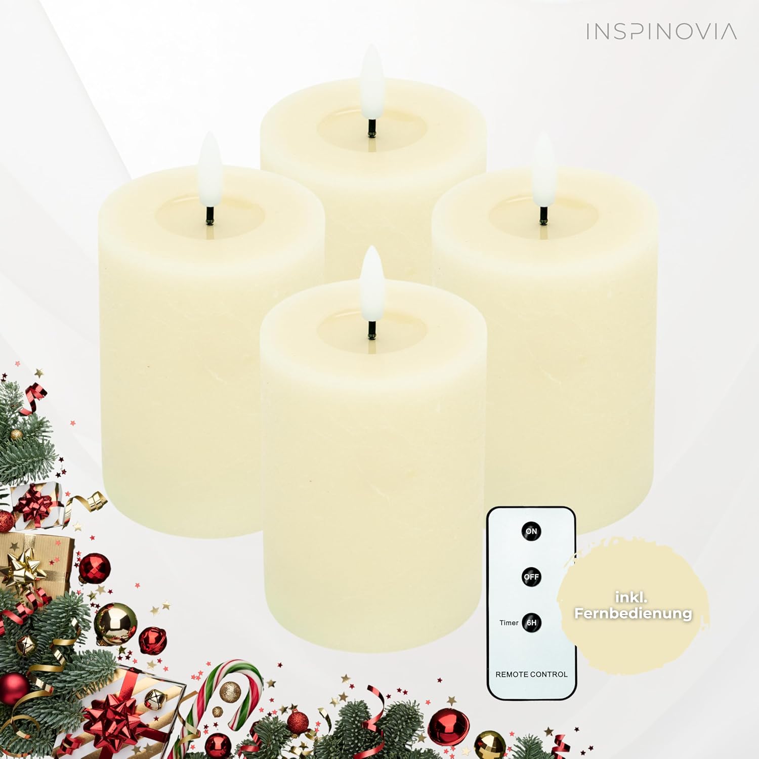 LED Echtwachs Kerzen mit Fernbedienung & Timer 10cm - creme weiß - Inspinovia