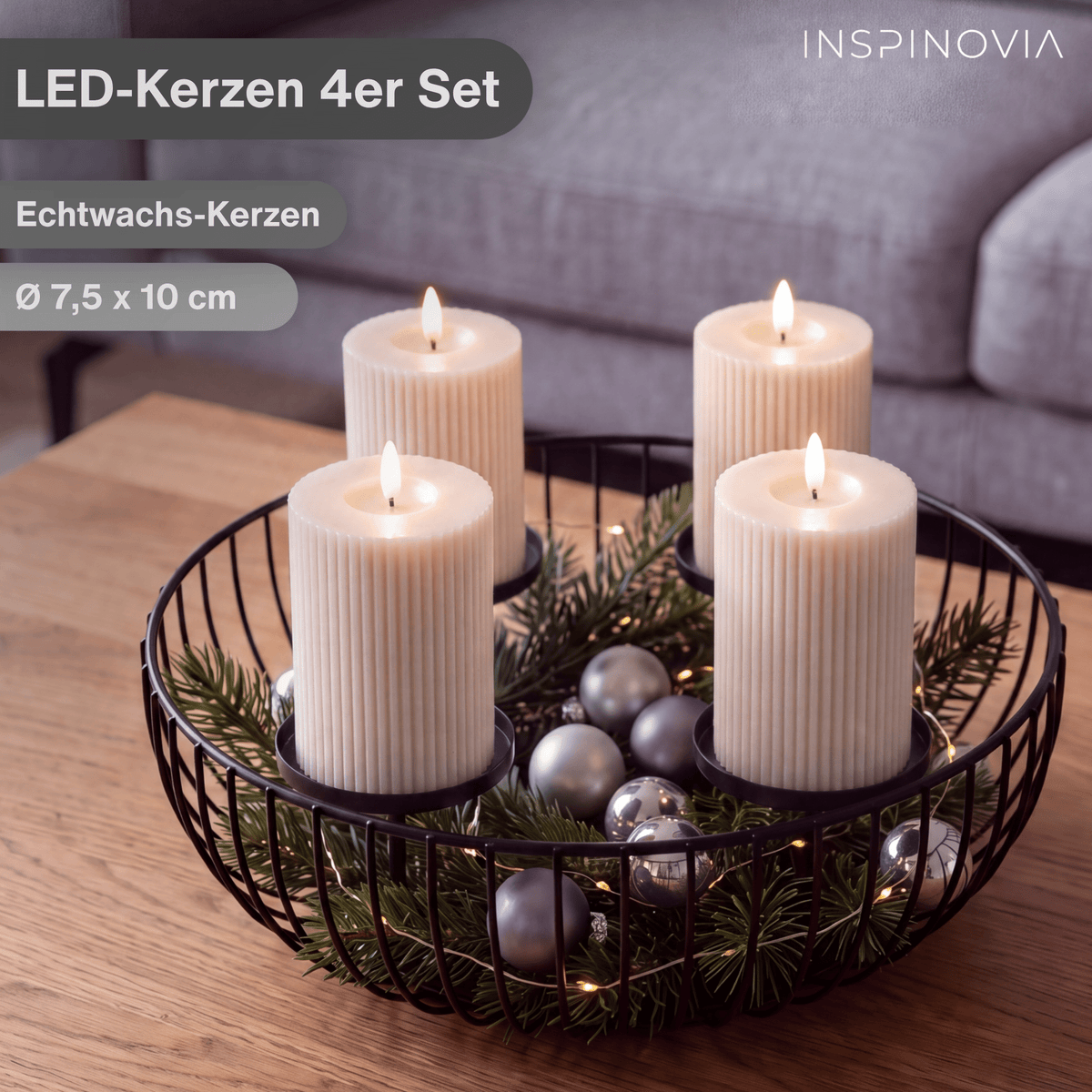 LED Echtwachs Kerzen mit Fernbedienung & Timer 10cm - cremeweiß (Rillen Optik) - Inspinovia