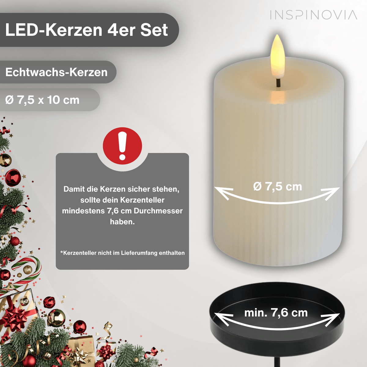 LED Echtwachs Kerzen mit Fernbedienung & Timer 10cm - cremeweiß (Rillen Optik) - Inspinovia