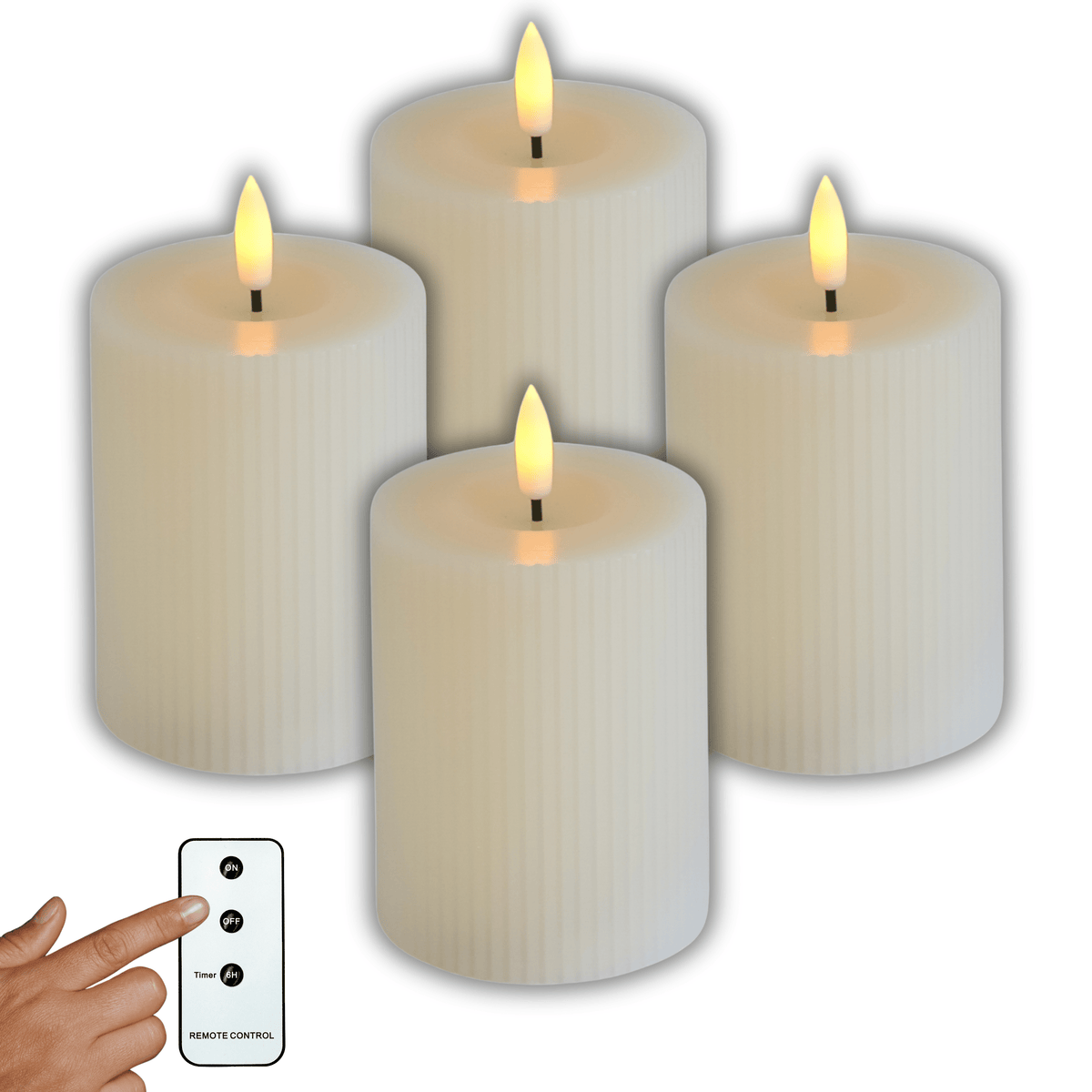 LED Echtwachs Kerzen mit Fernbedienung & Timer 10cm - cremeweiß (Rillen Optik) - Inspinovia