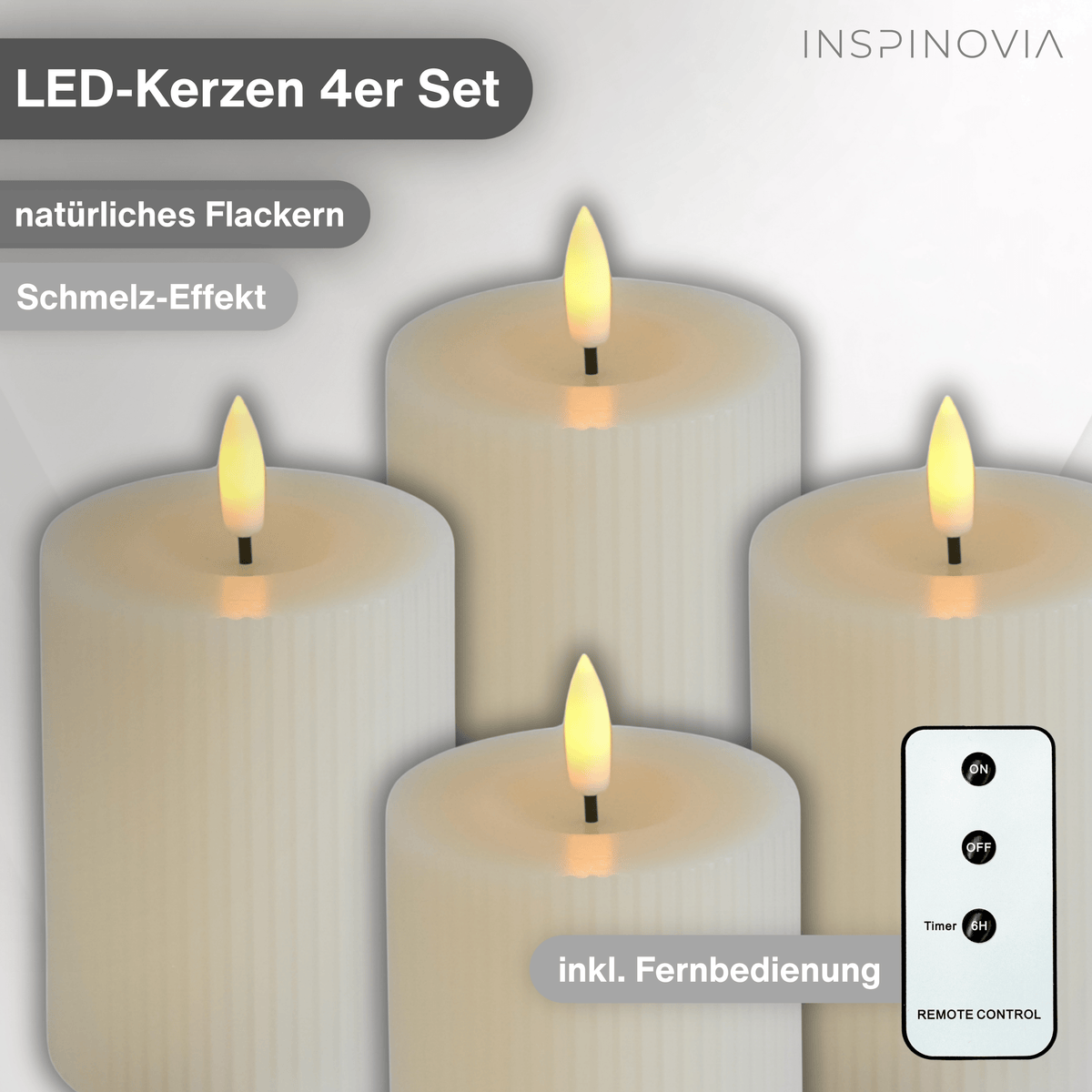 LED Echtwachs Kerzen mit Fernbedienung & Timer 10cm - cremeweiß (Rillen Optik) - Inspinovia