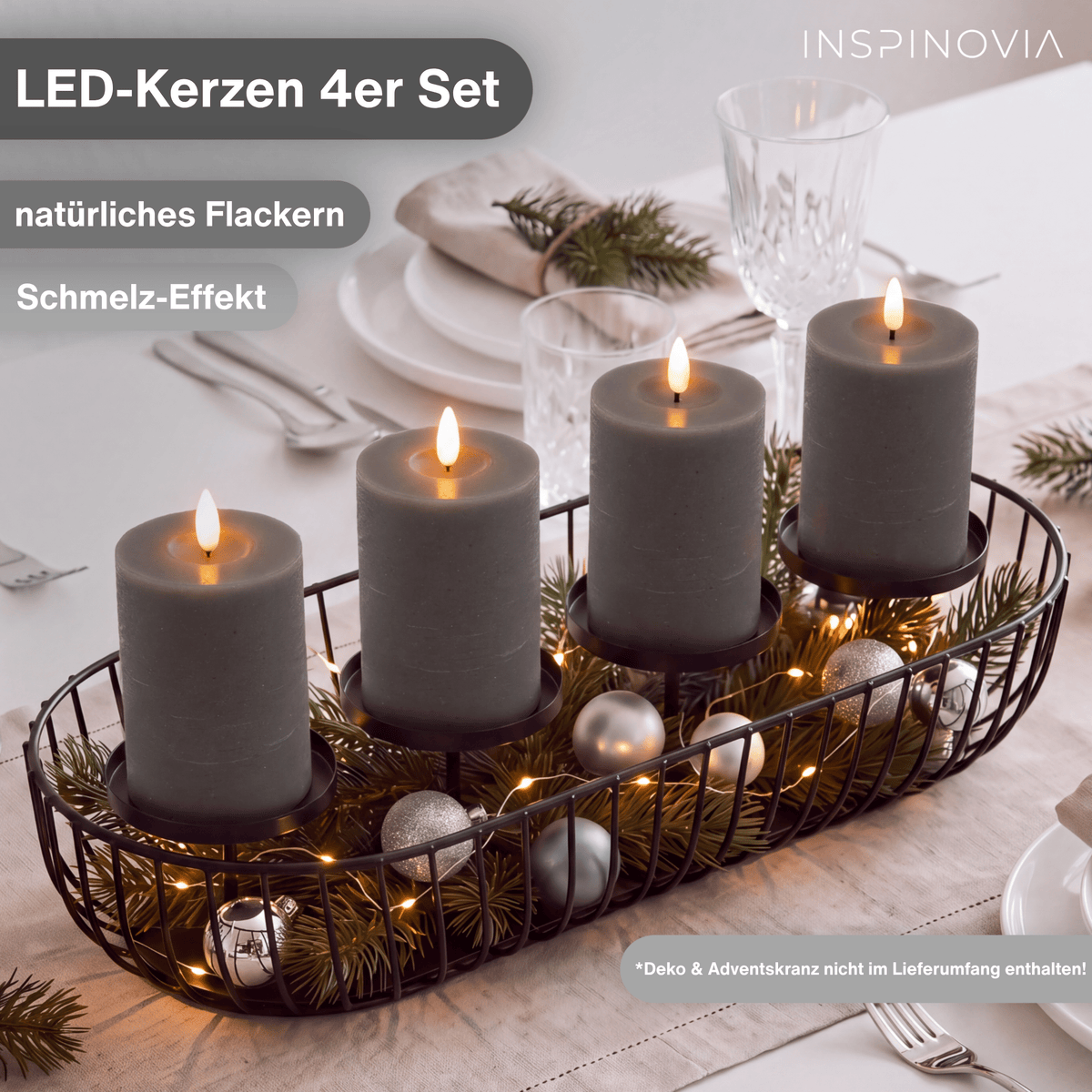 LED Echtwachs Kerzen mit Fernbedienung & Timer 10cm - grau - Inspinovia