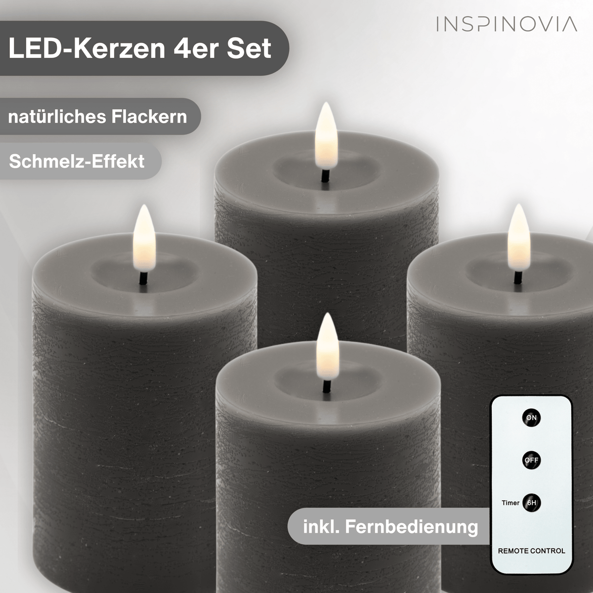 LED Echtwachs Kerzen mit Fernbedienung & Timer 10cm - grau - Inspinovia