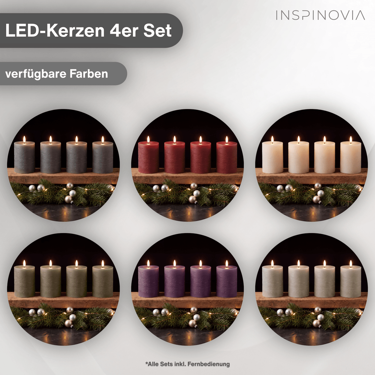 LED Echtwachs Kerzen mit Fernbedienung & Timer 10cm - grau - Inspinovia