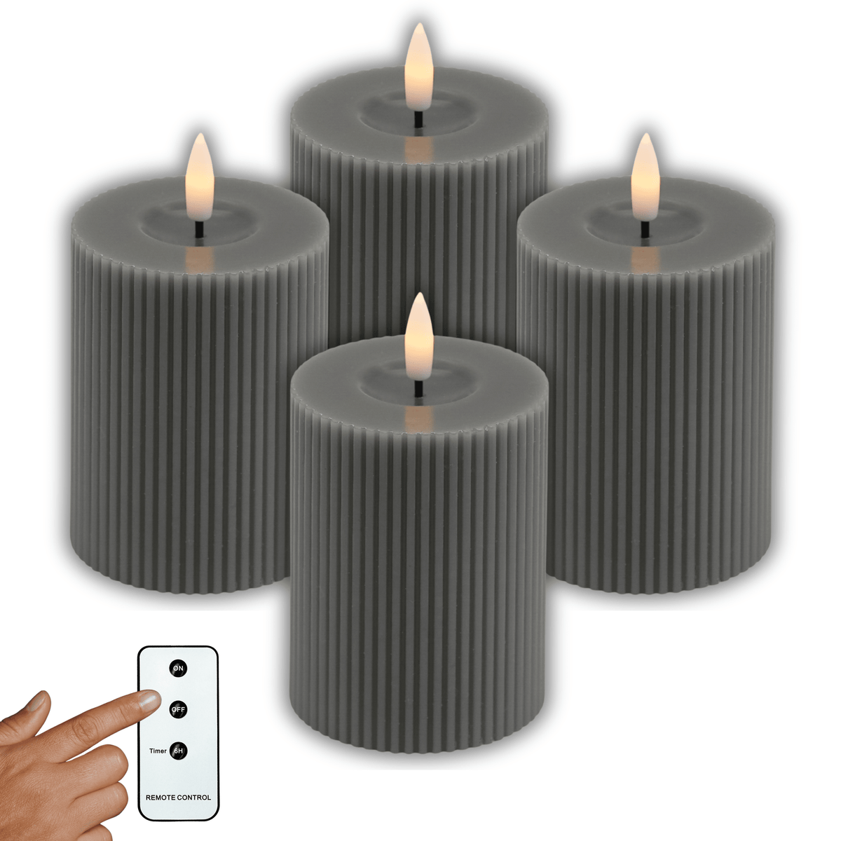 LED Echtwachs Kerzen mit Fernbedienung & Timer 10cm - grau (Rillen Optik) - Inspinovia