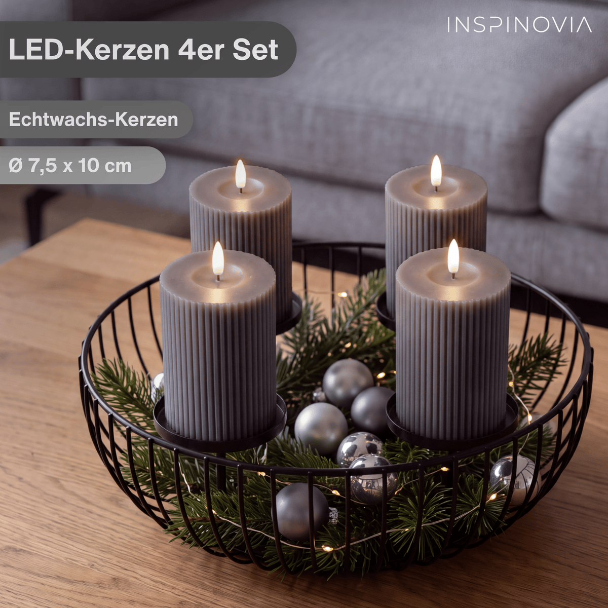 LED Echtwachs Kerzen mit Fernbedienung & Timer 10cm - grau (Rillen Optik) - Inspinovia