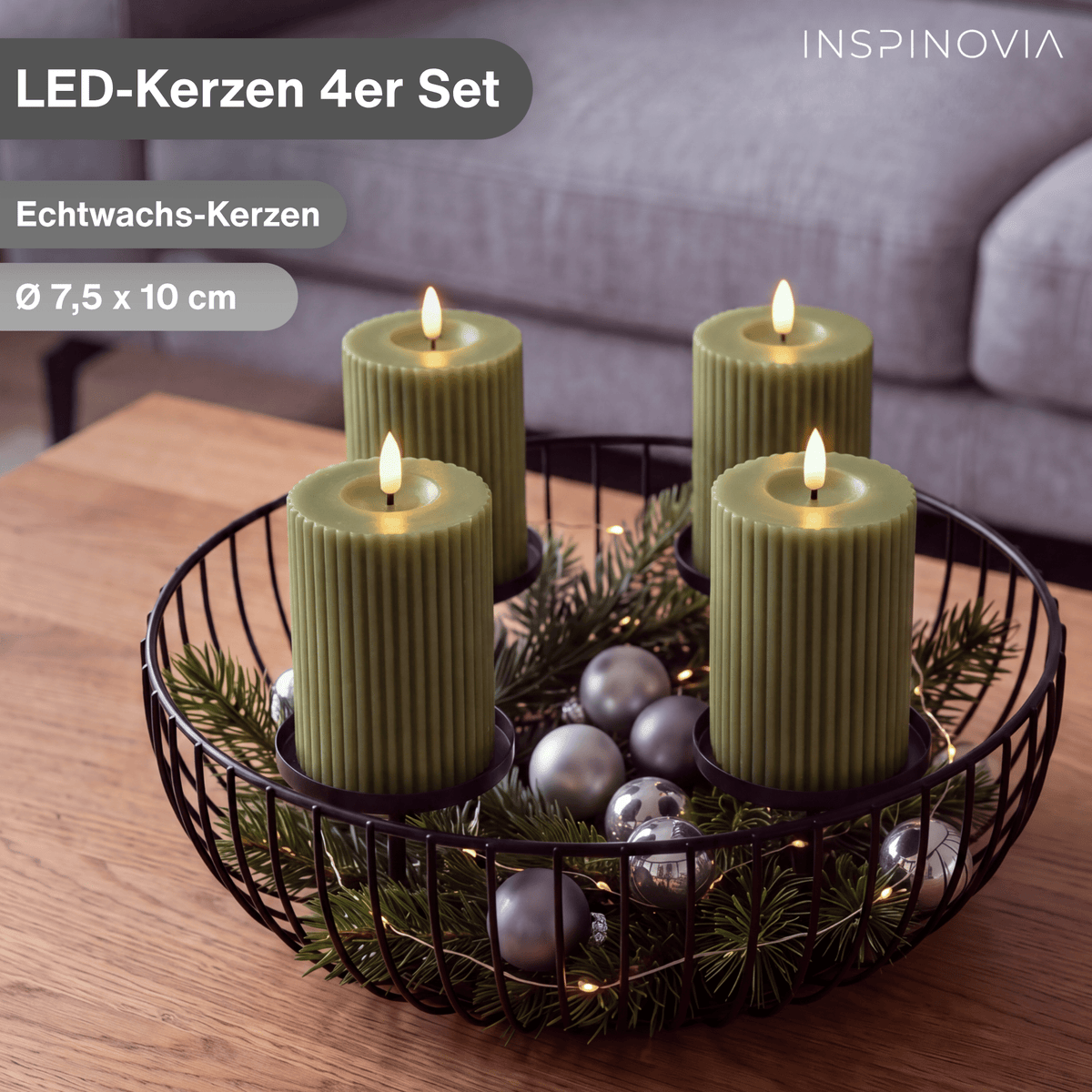 LED Echtwachs Kerzen mit Fernbedienung & Timer 10cm - grün (Rillen Optik) - Inspinovia