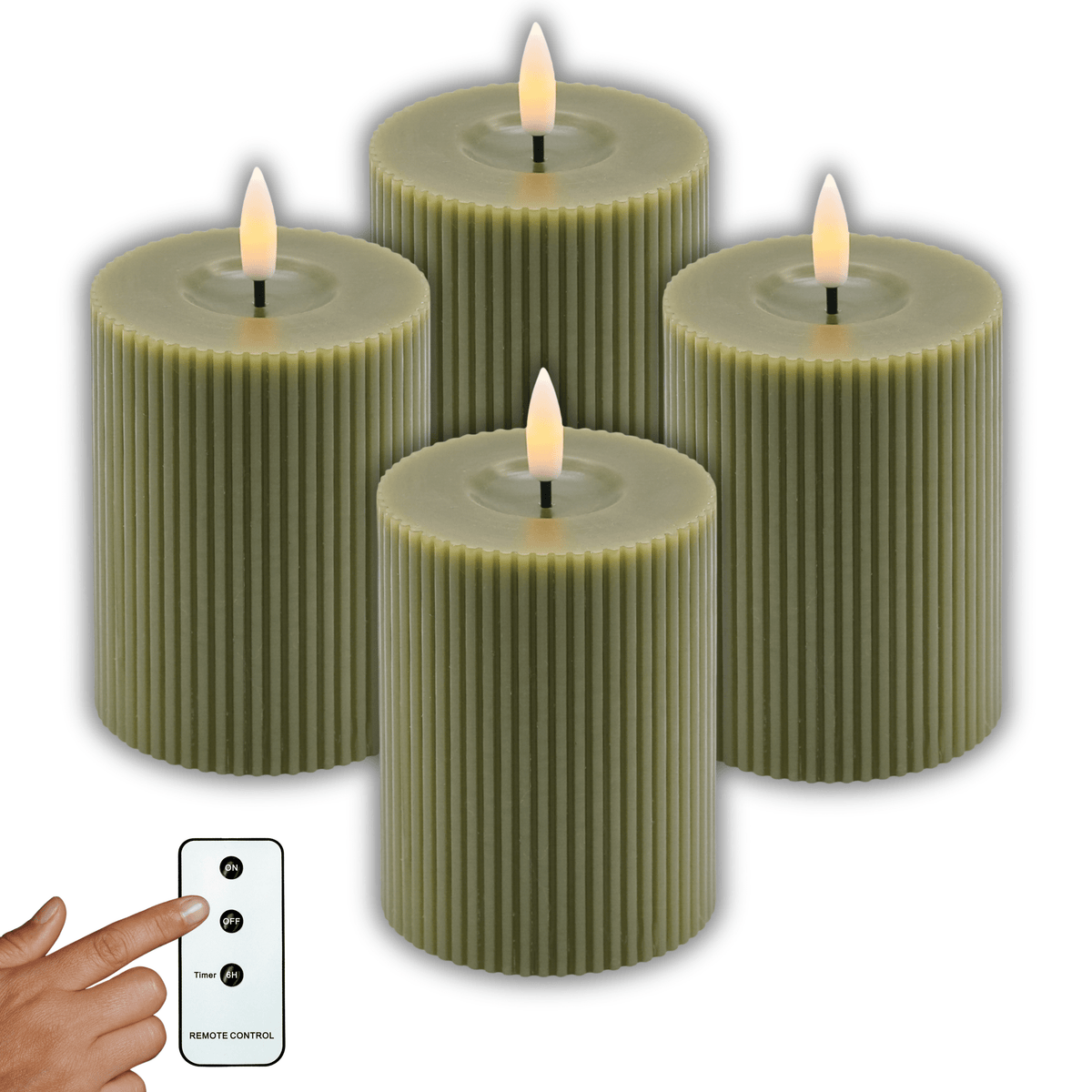 LED Echtwachs Kerzen mit Fernbedienung & Timer 10cm - grün (Rillen Optik) - Inspinovia