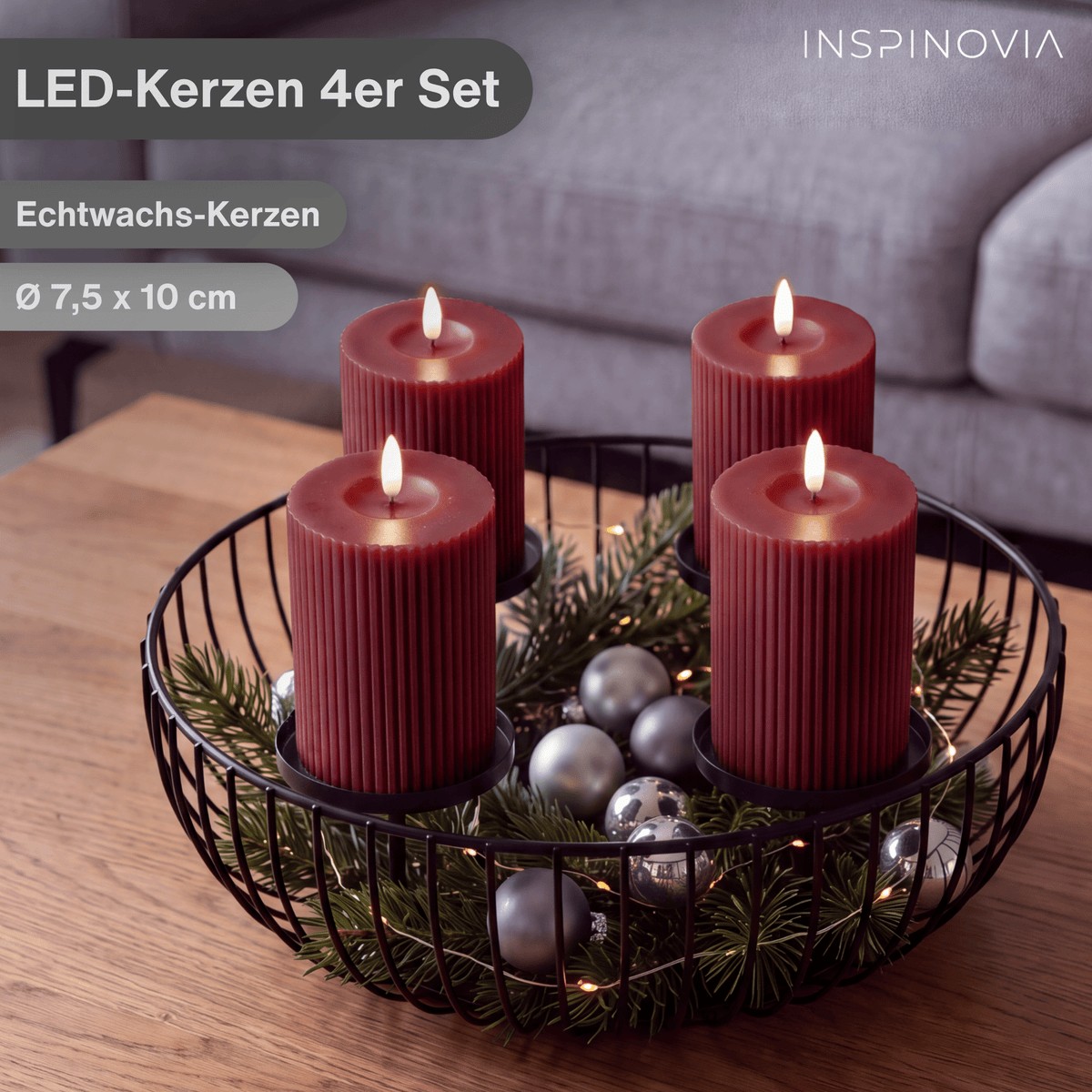 LED Echtwachs Kerzen mit Fernbedienung & Timer 10cm - rot (Rillen Optik) - Inspinovia