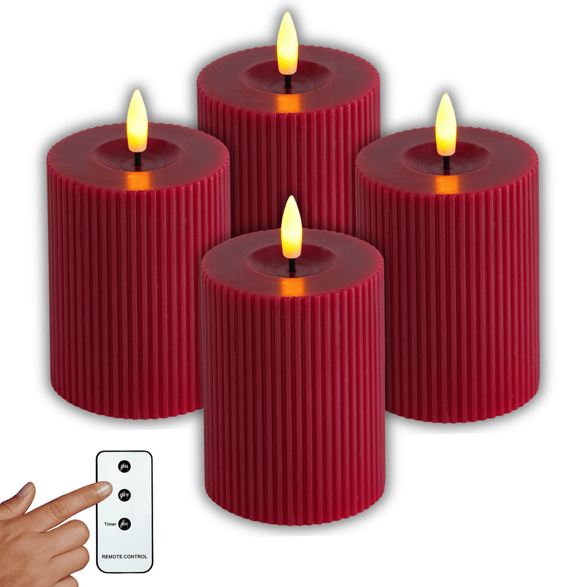 LED Echtwachs Kerzen mit Fernbedienung & Timer 10cm - rot (Rillen Optik) - Inspinovia