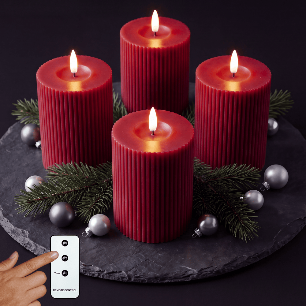 LED Echtwachs Kerzen mit Fernbedienung & Timer 10cm - rot (Rillen Optik) - Inspinovia