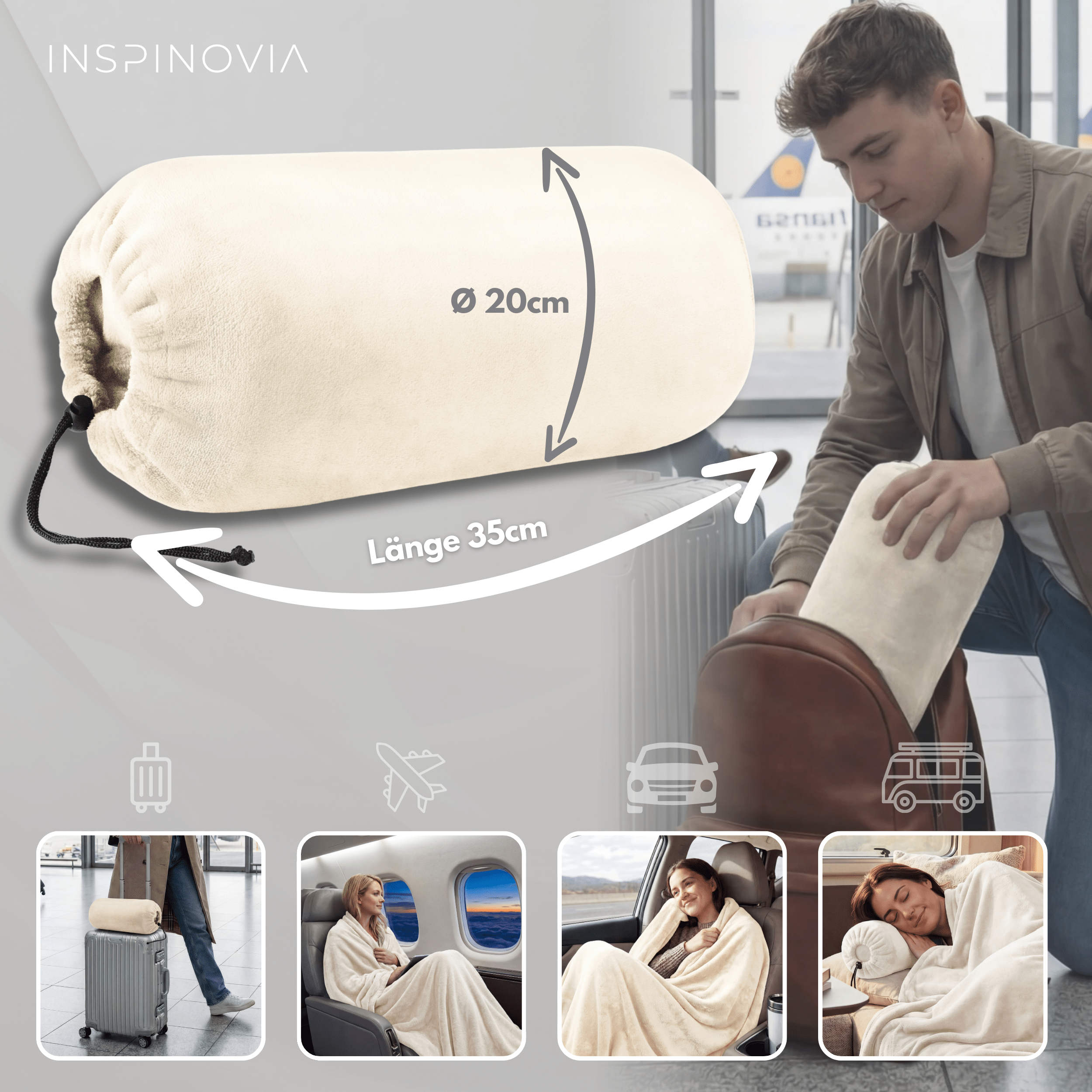 Reisedecke 150 x 200 cm mit Fleece - Beutel - Beige - Inspinovia