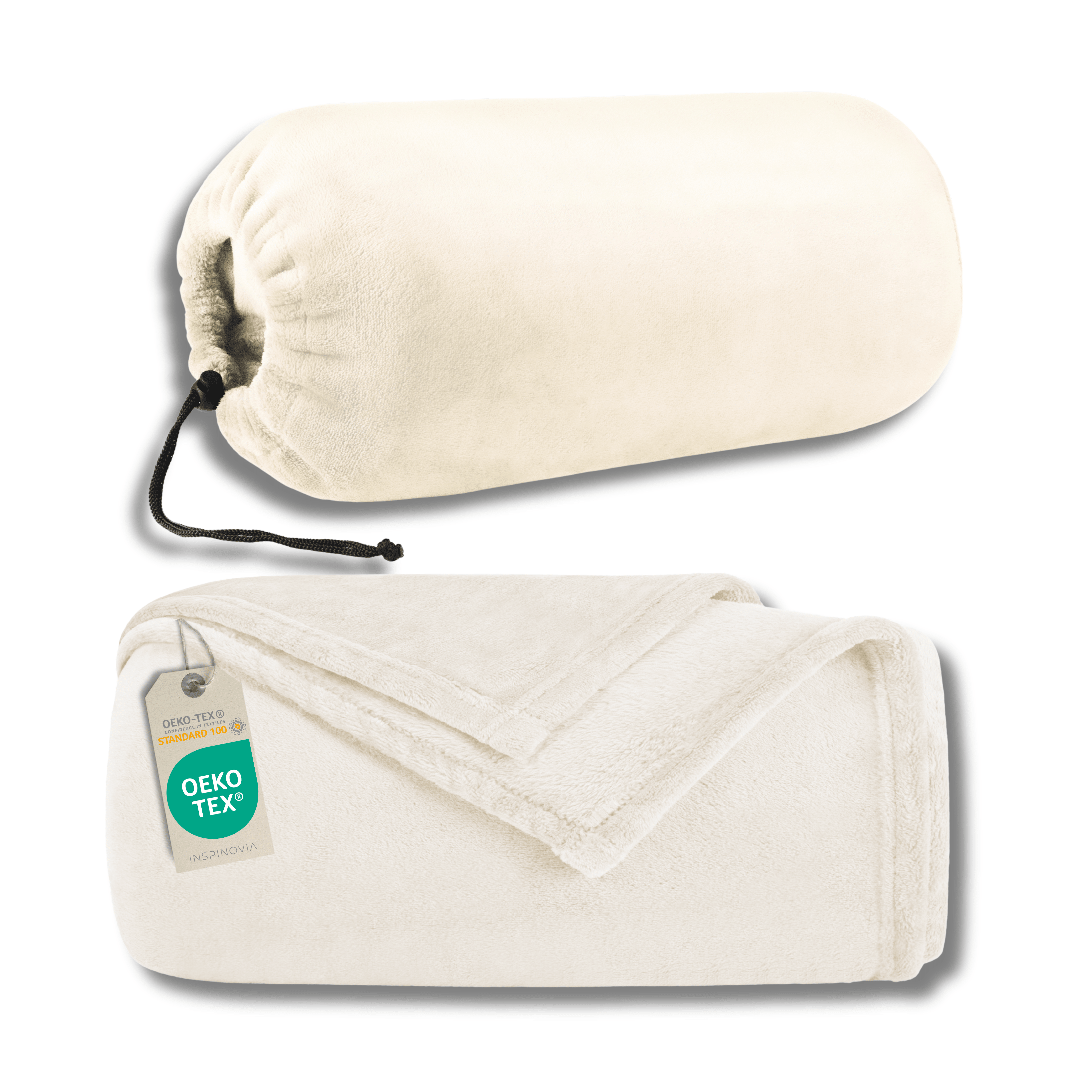 Reisedecke 150 x 200 cm mit Fleece - Beutel - Beige - Inspinovia