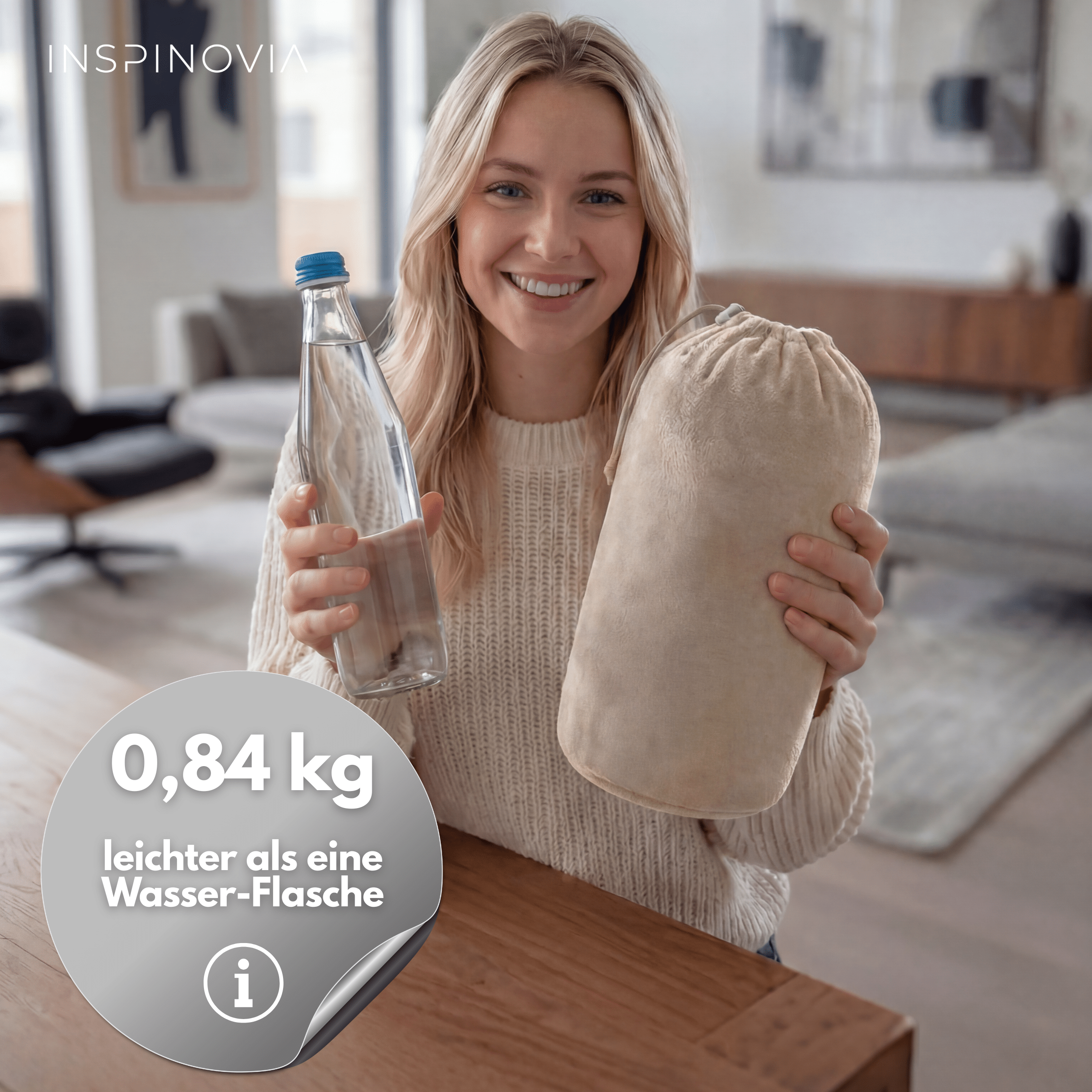 Reisedecke 150 x 200 cm mit Fleece - Beutel - Beige - Inspinovia