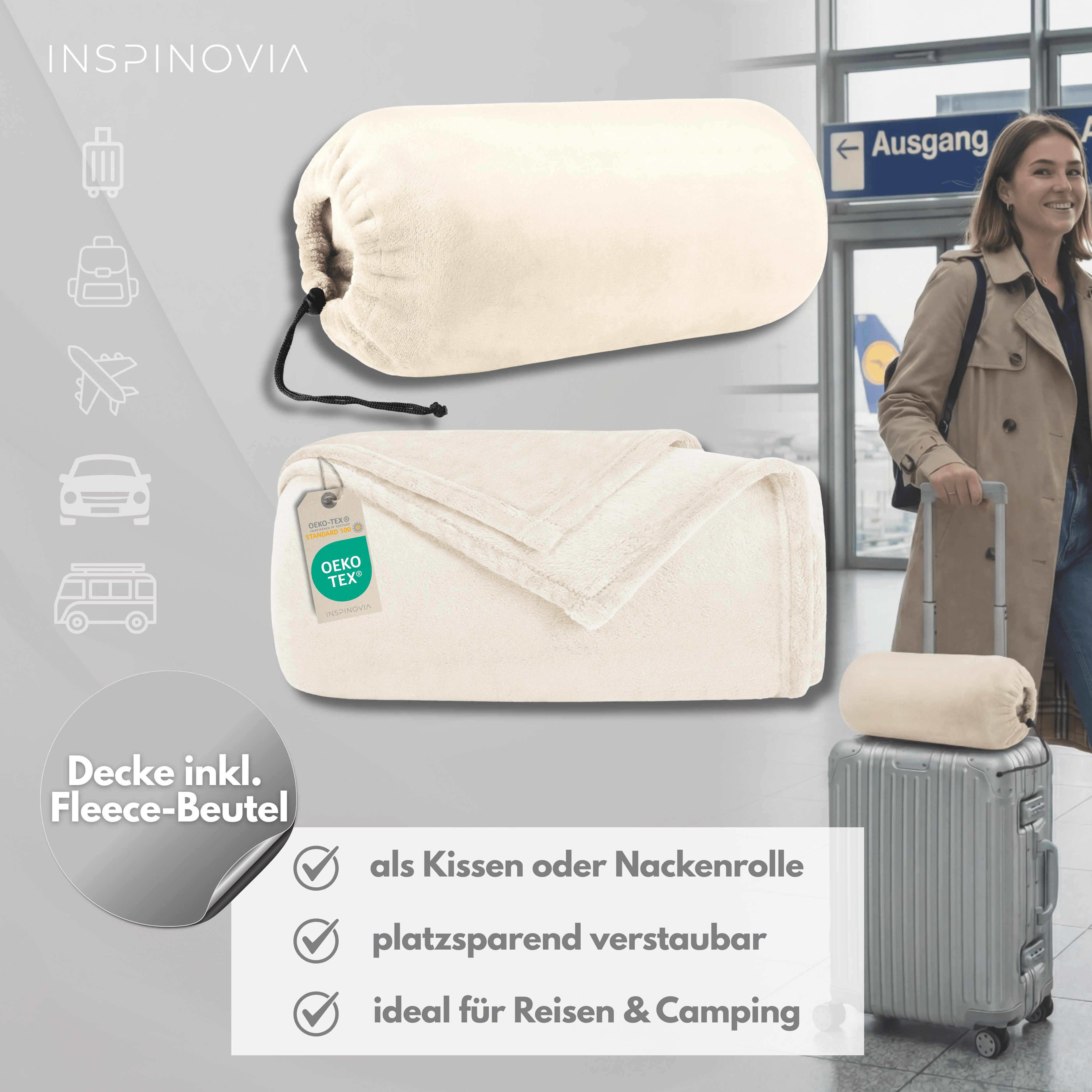 Reisedecke 150 x 200 cm mit Fleece - Beutel - Beige - Inspinovia