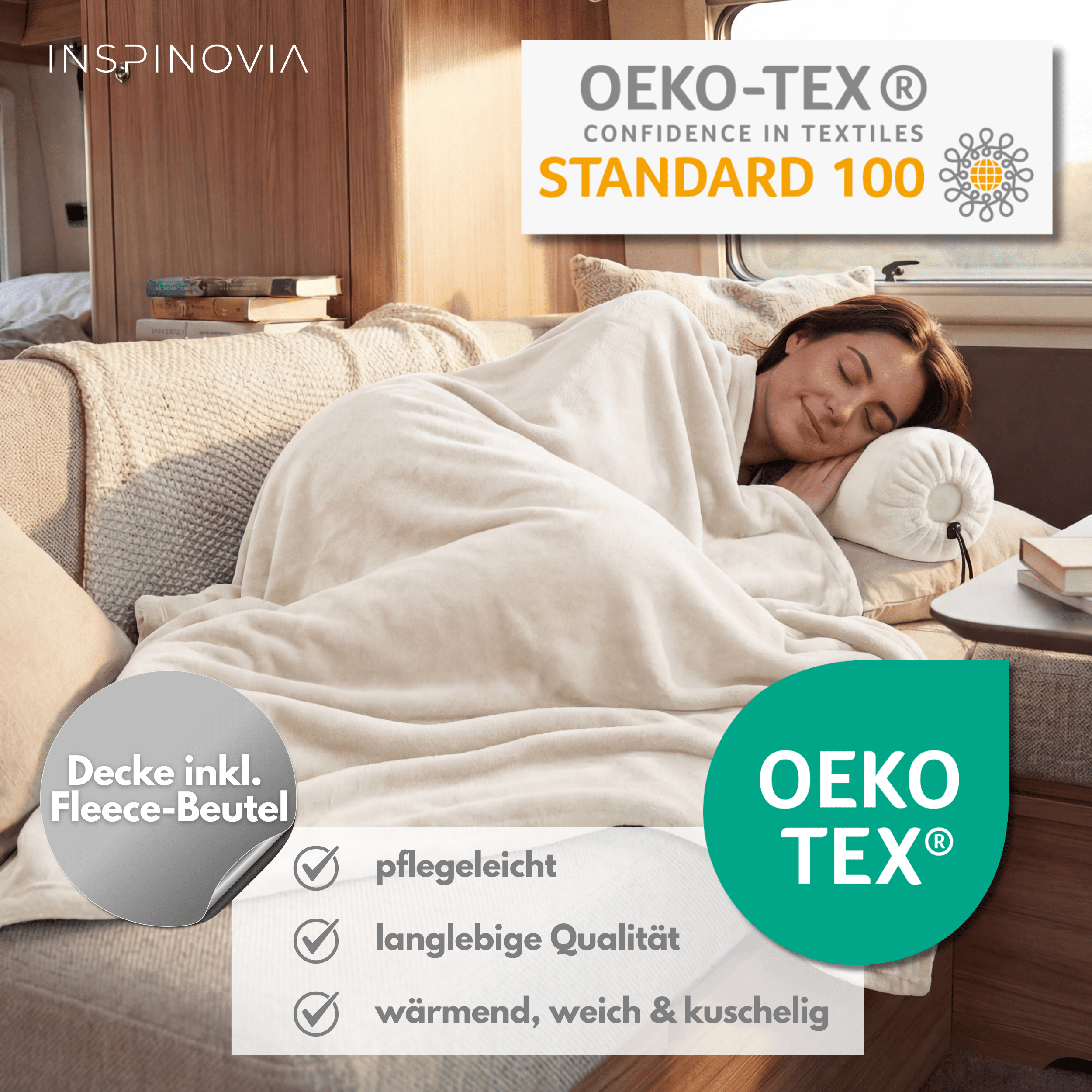 Reisedecke 150 x 200 cm mit Fleece - Beutel - Beige - Inspinovia