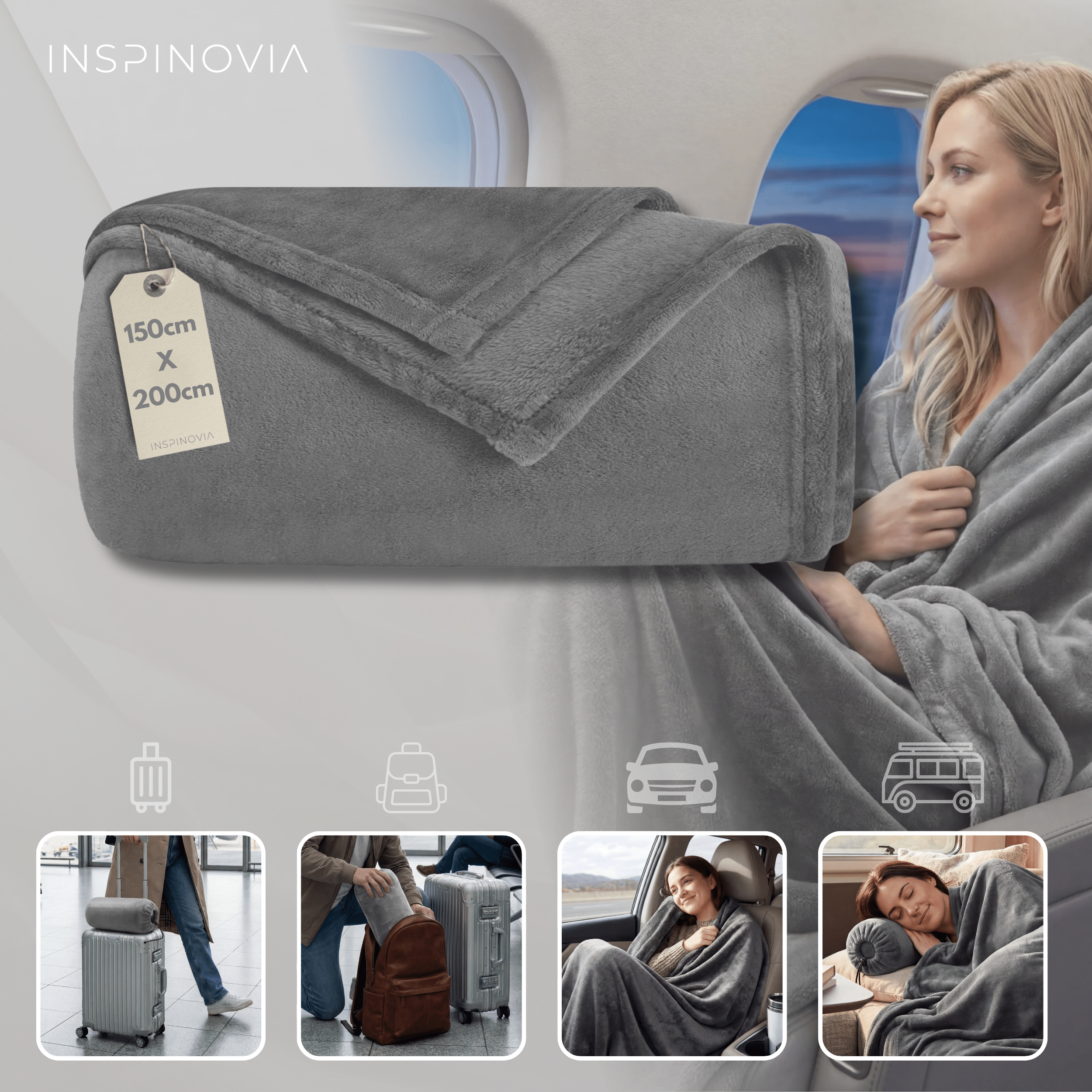 Reisedecke 150 x 200 cm mit Fleece - Beutel - Grau - Inspinovia