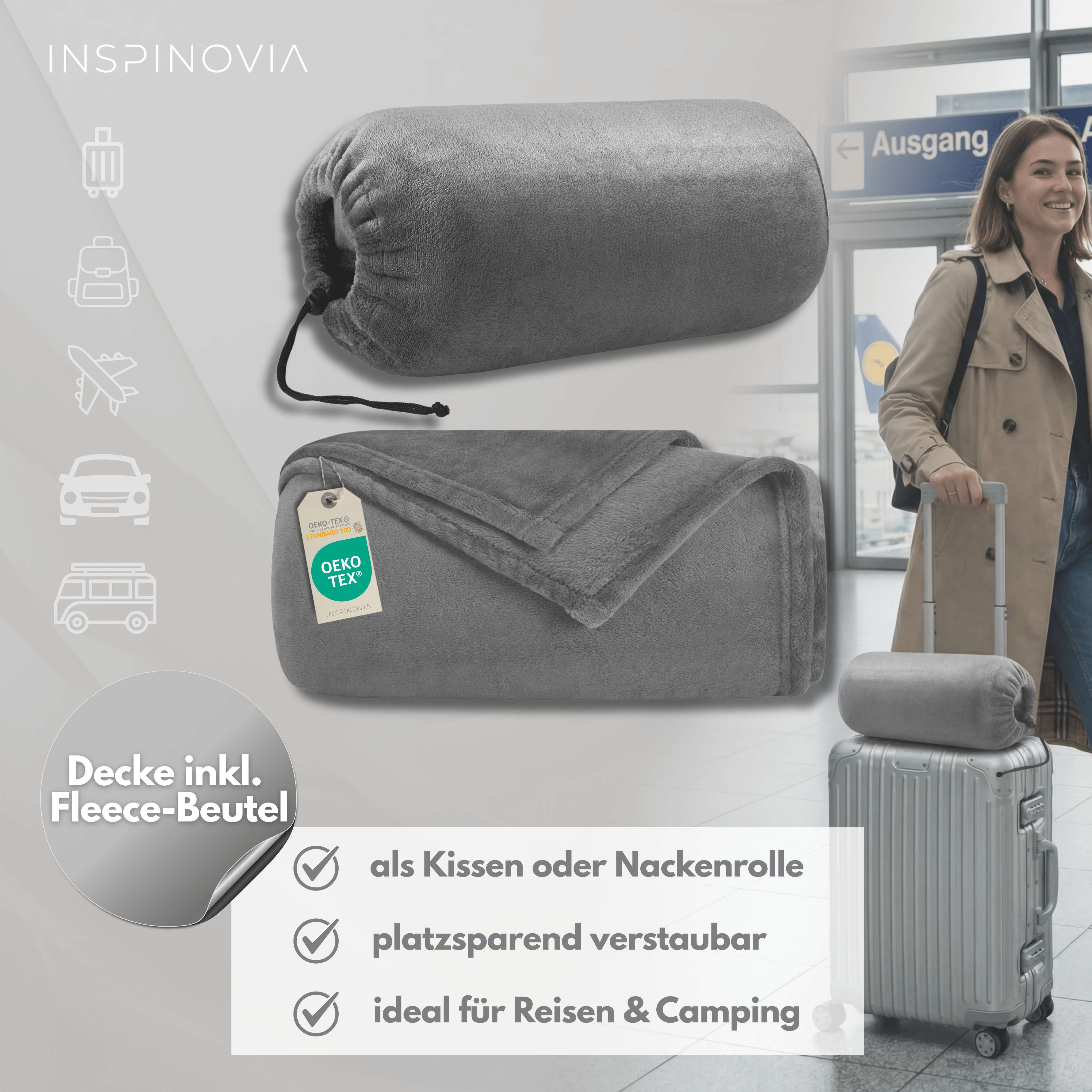Reisedecke 150 x 200 cm mit Fleece - Beutel - Grau - Inspinovia