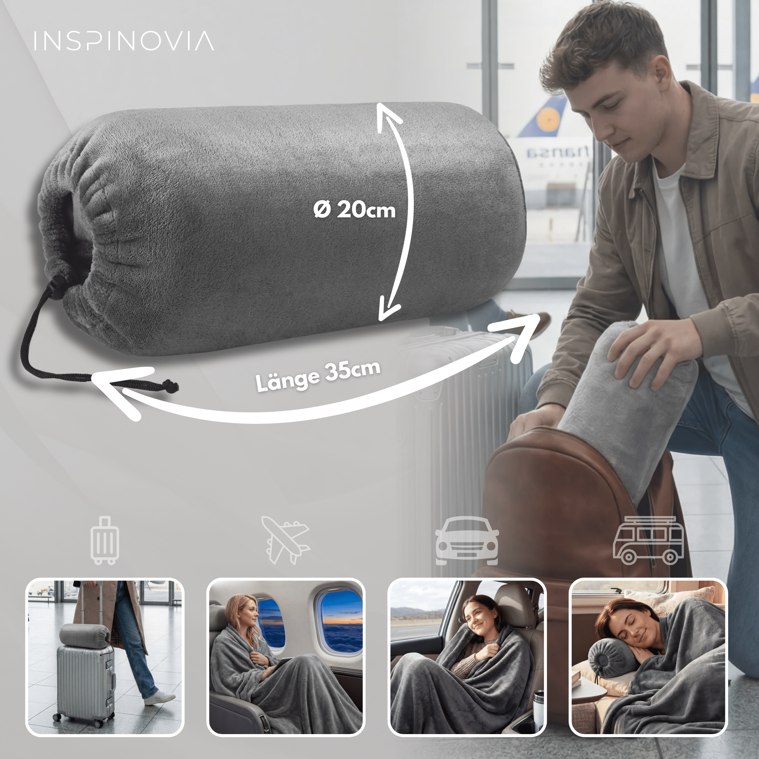 Reisedecke 150 x 200 cm mit Fleece - Beutel - Grau - Inspinovia