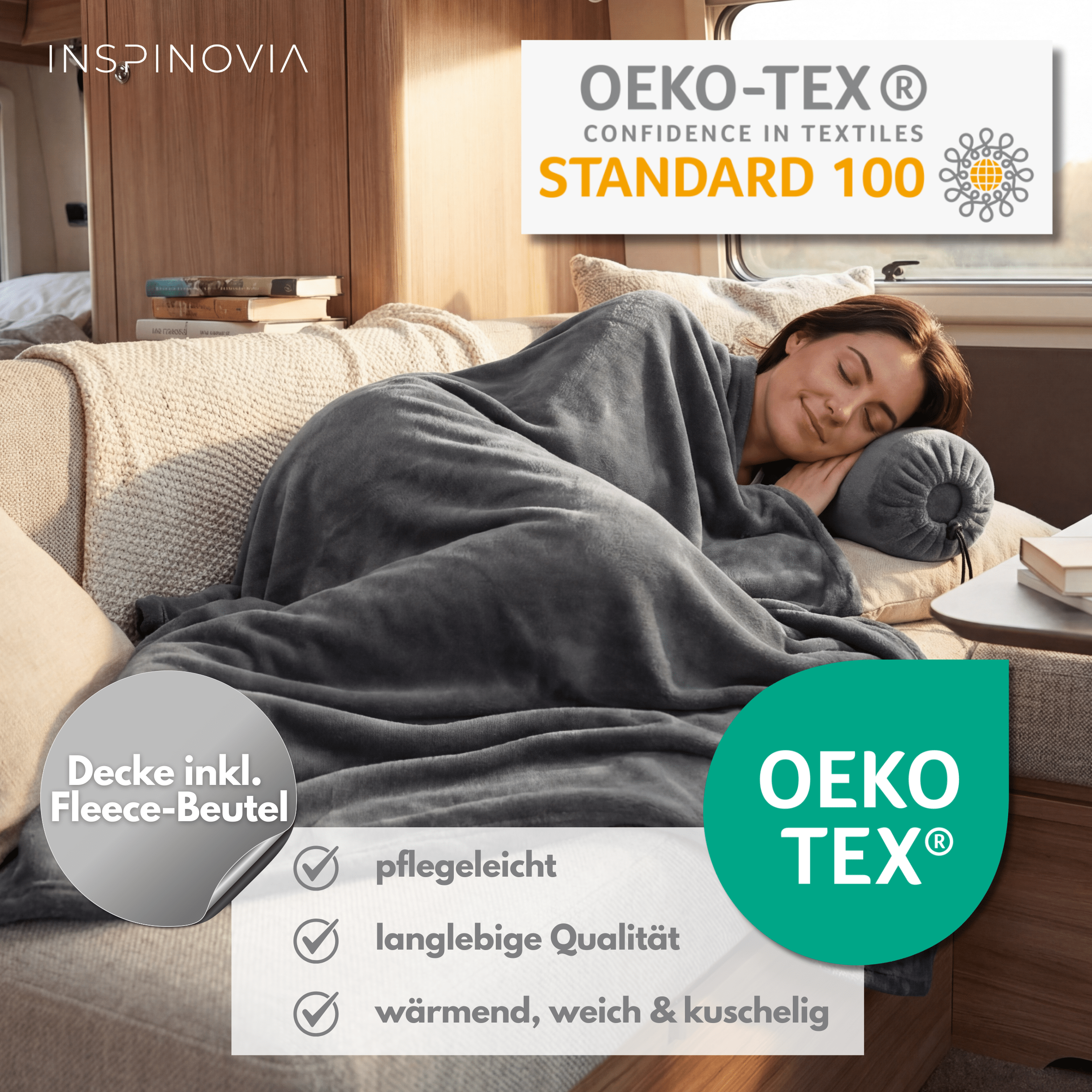 Reisedecke 150 x 200 cm mit Fleece - Beutel - Grau - Inspinovia