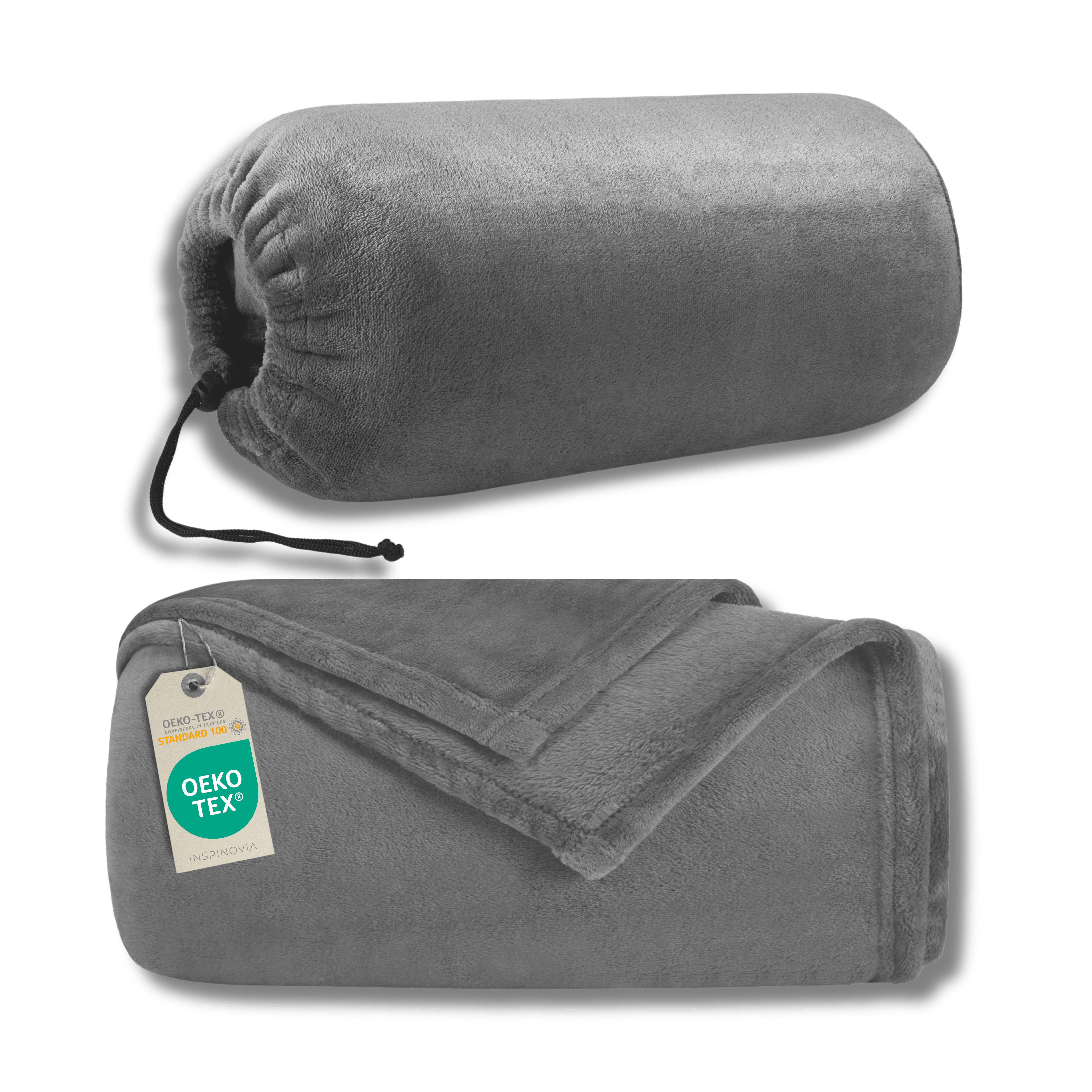 Reisedecke 150 x 200 cm mit Fleece - Beutel - Grau - Inspinovia