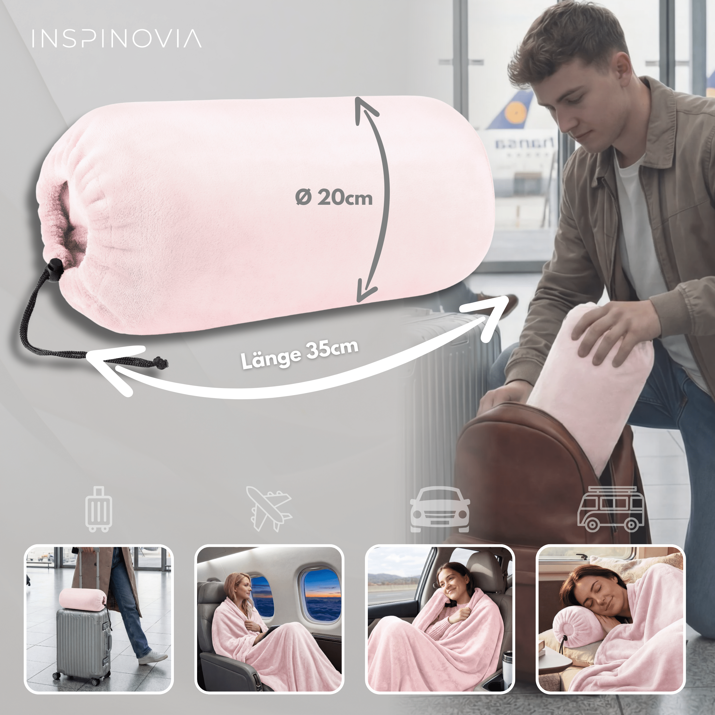 Reisedecke 150 x 200 cm mit Fleece - Beutel - Hellrosa - Inspinovia