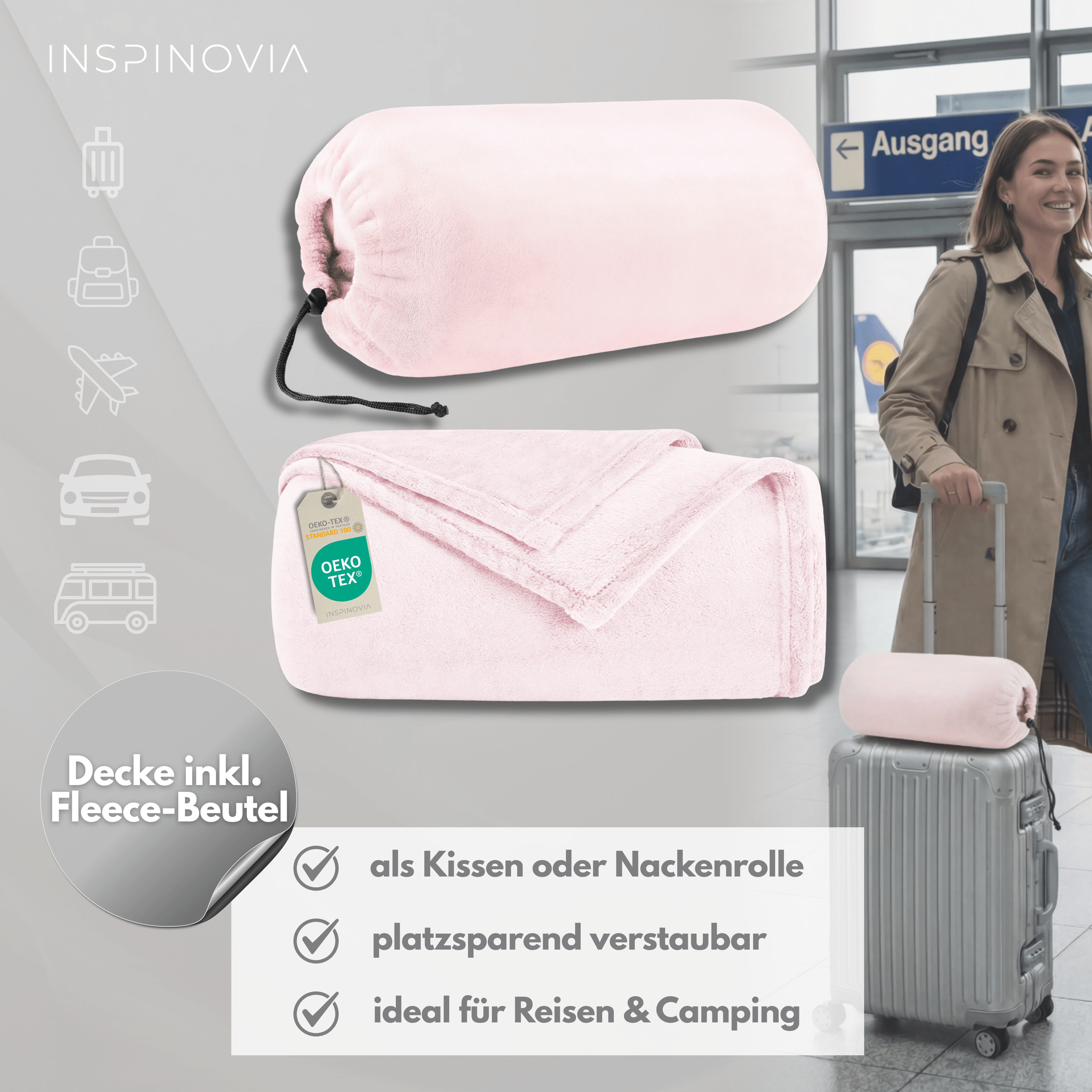 Reisedecke 150 x 200 cm mit Fleece - Beutel - Hellrosa - Inspinovia