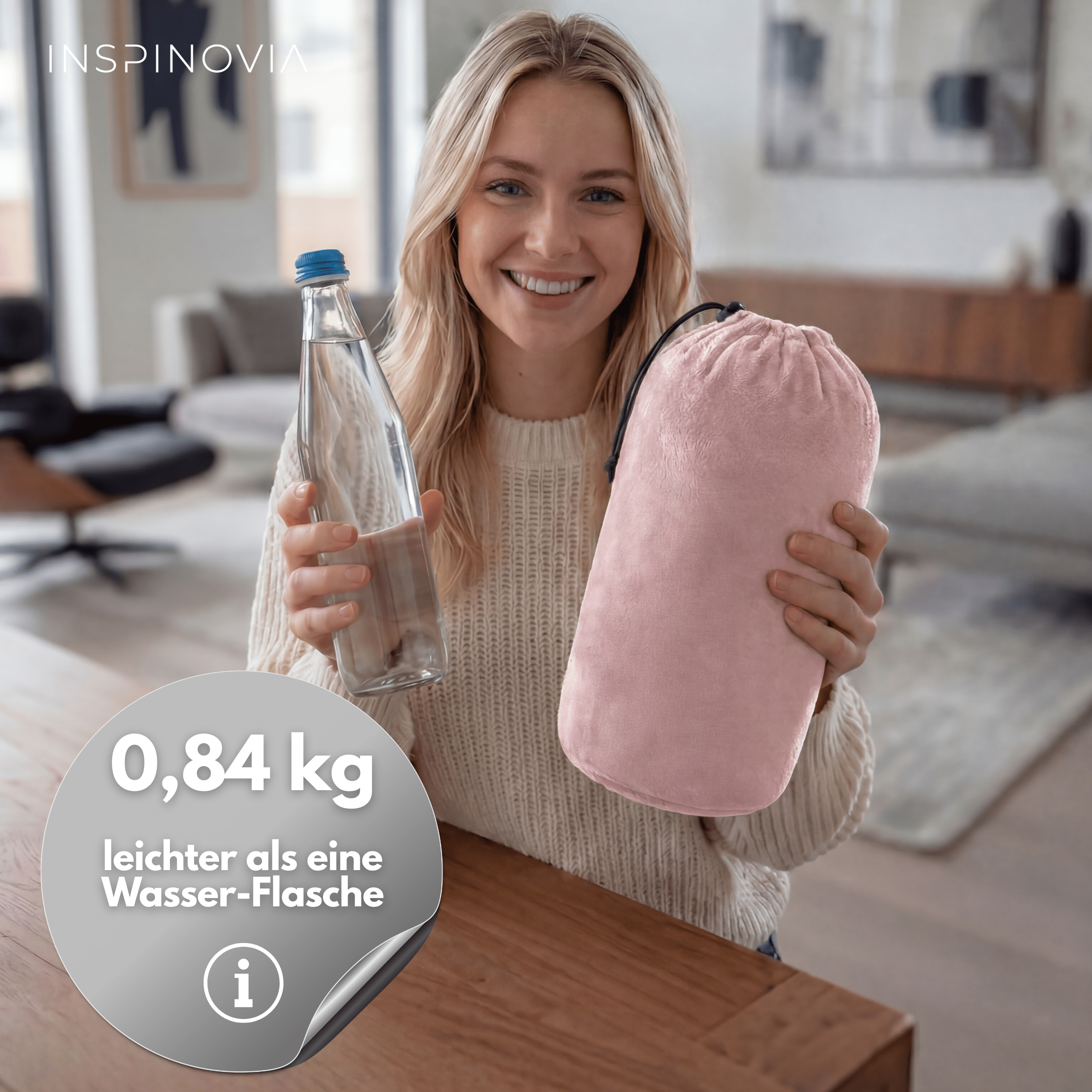 Reisedecke 150 x 200 cm mit Fleece - Beutel - Hellrosa - Inspinovia