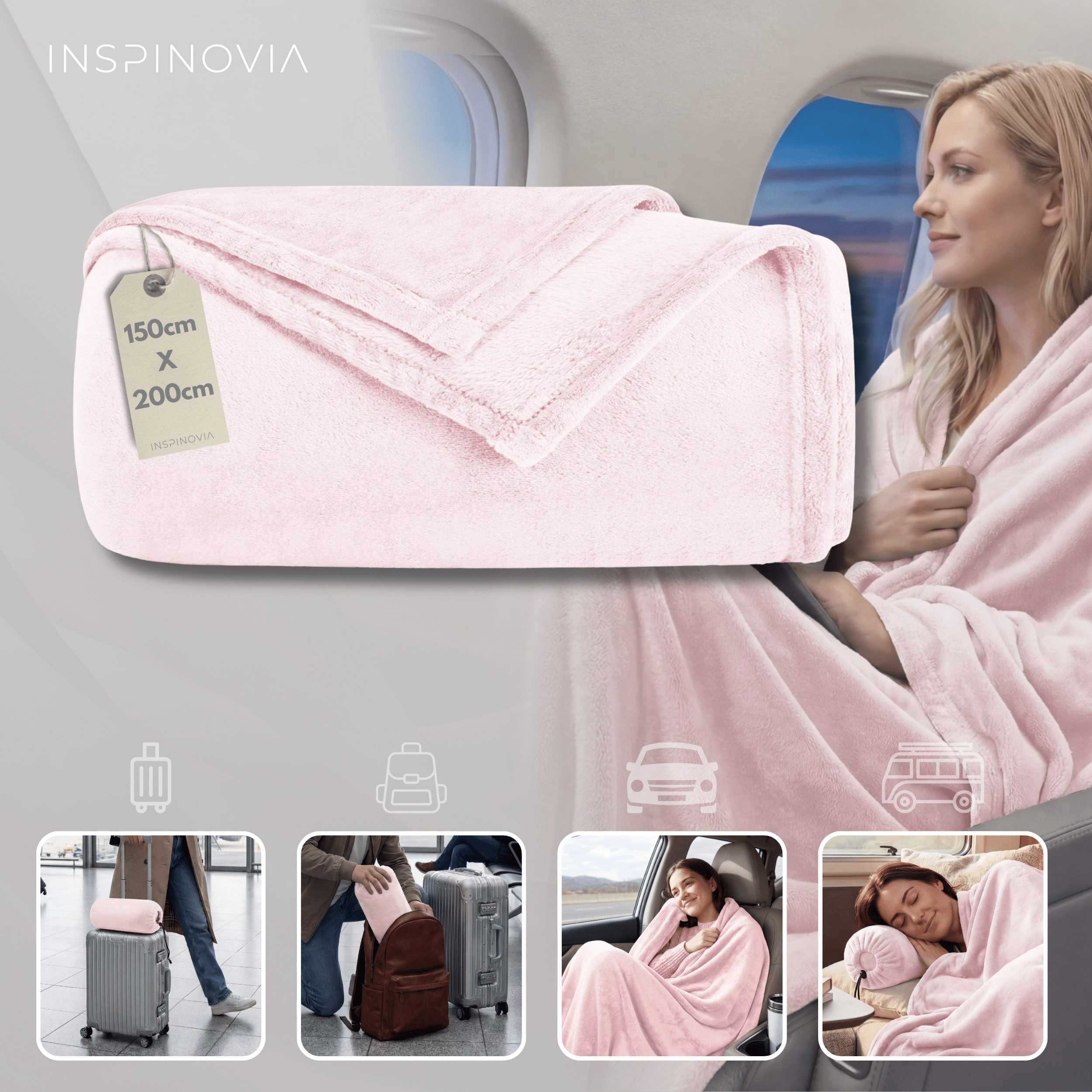 Reisedecke 150 x 200 cm mit Fleece - Beutel - Hellrosa - Inspinovia