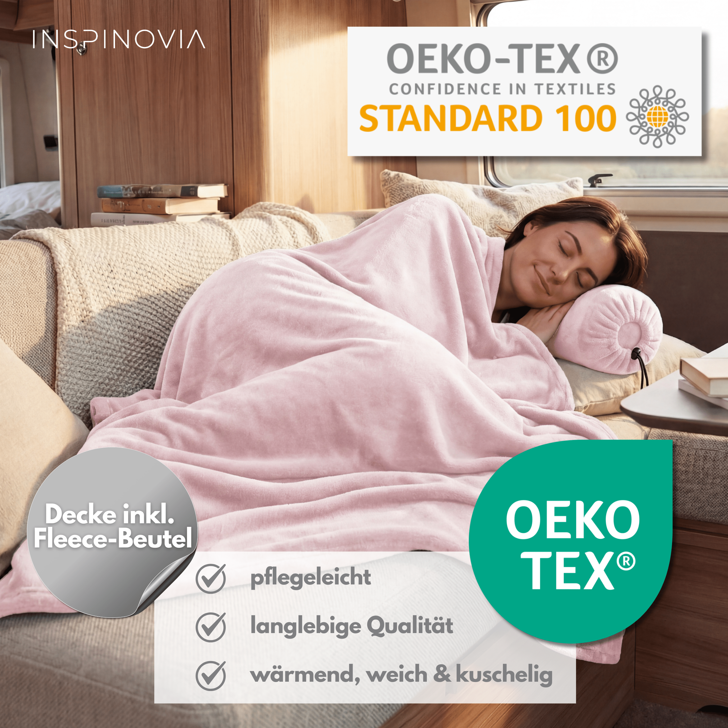 Reisedecke 150 x 200 cm mit Fleece - Beutel - Hellrosa - Inspinovia